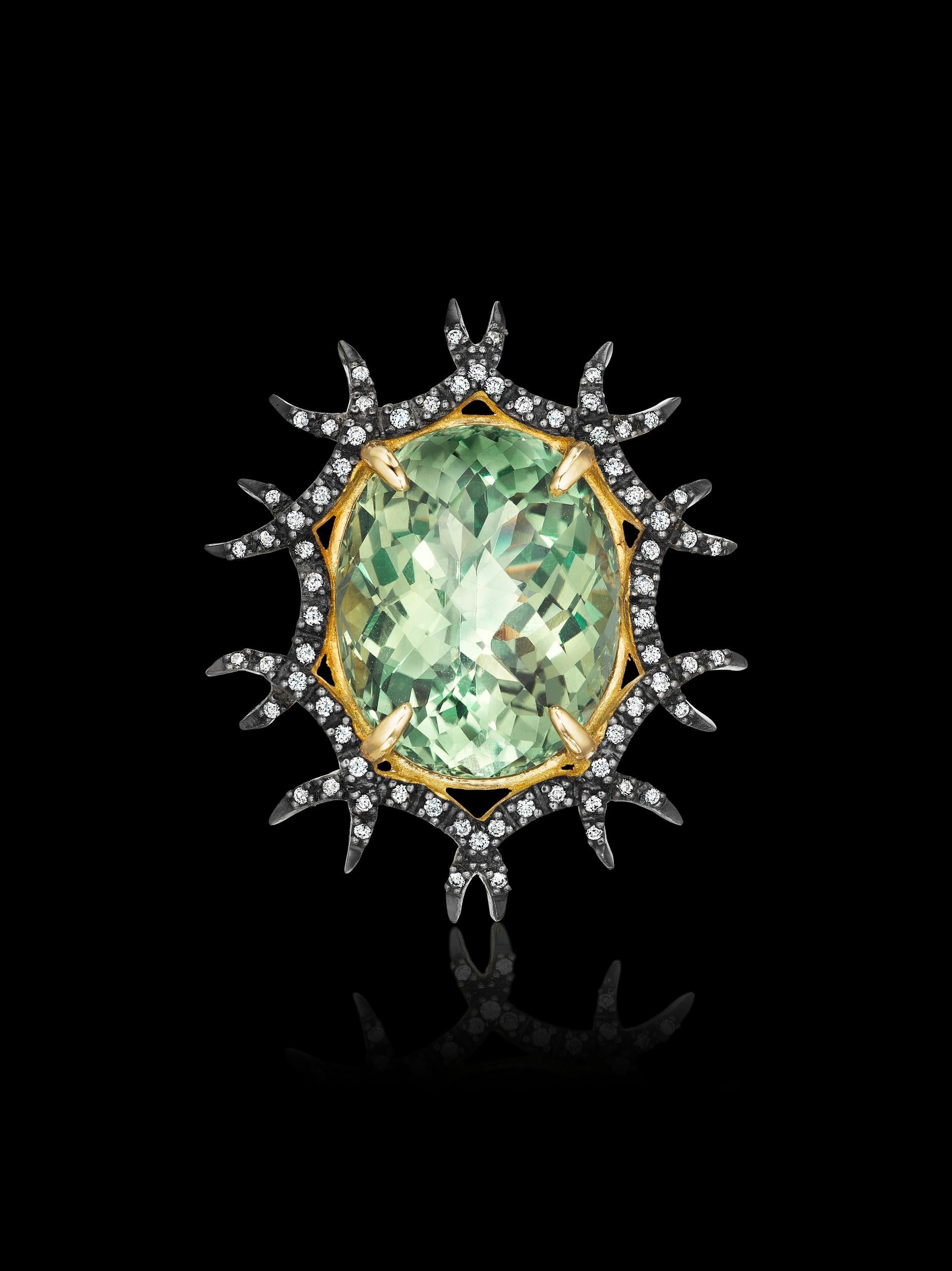 One-of-a-kind Convertible Brooach-Pendant YOKI Design. Piece features Green Amethyst and Diamonds set in 18k Blackened Yellow gold. 
Inspired by medieval garden gate, this piece takes us back to life in the medieval era with a spectacular garden