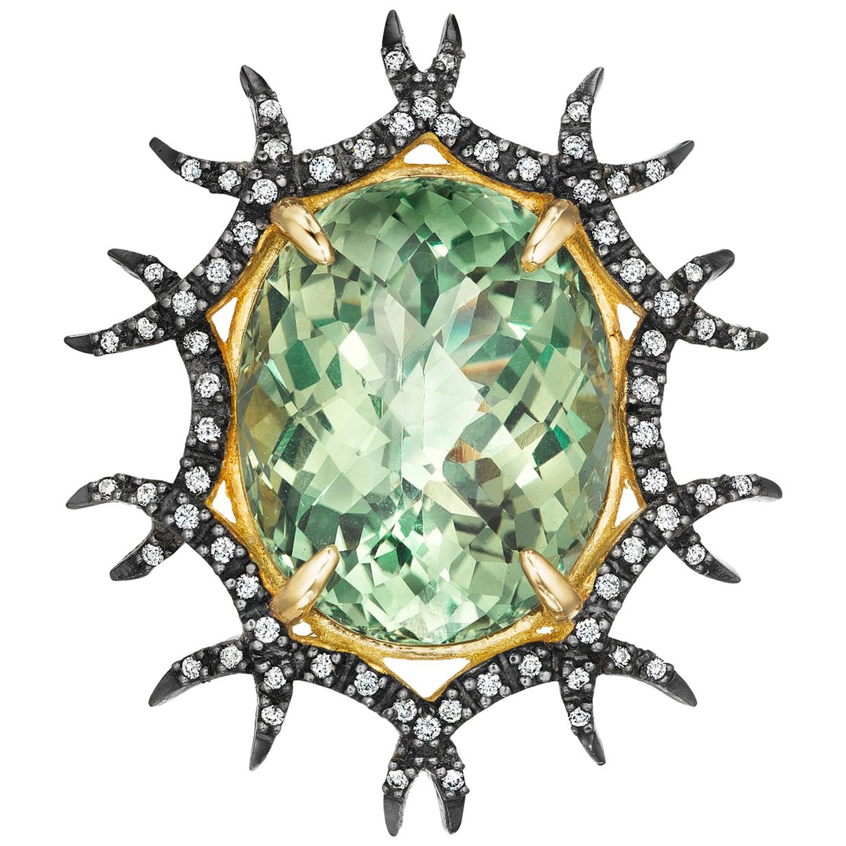 Yoki Green Amethyst Diamond Blackened Yellow Gold Brooch-Pendant For Sale