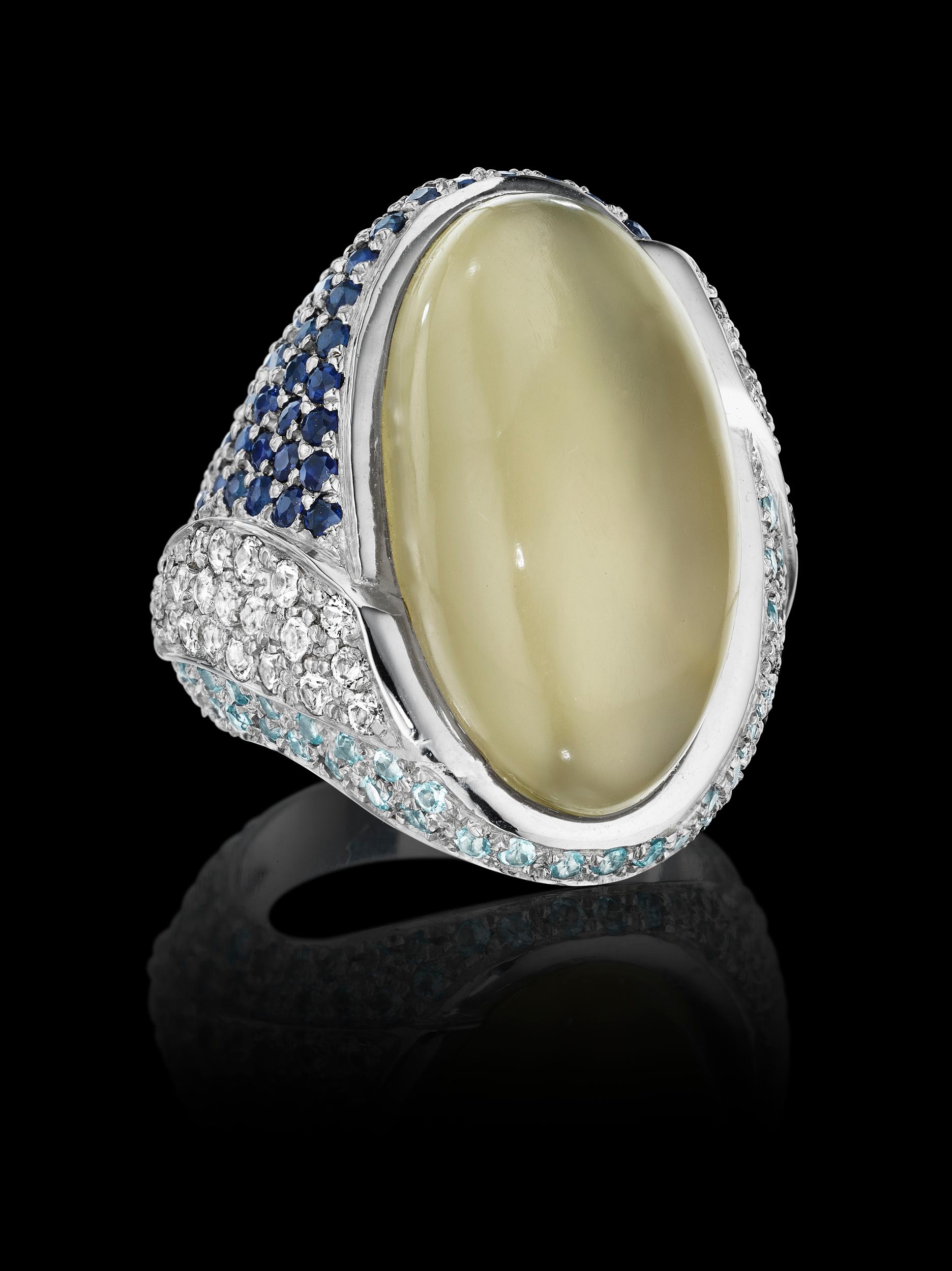 Contemporary Yoki Grey Moonstone Sapphire Aquamarine White Gold Ring For Sale