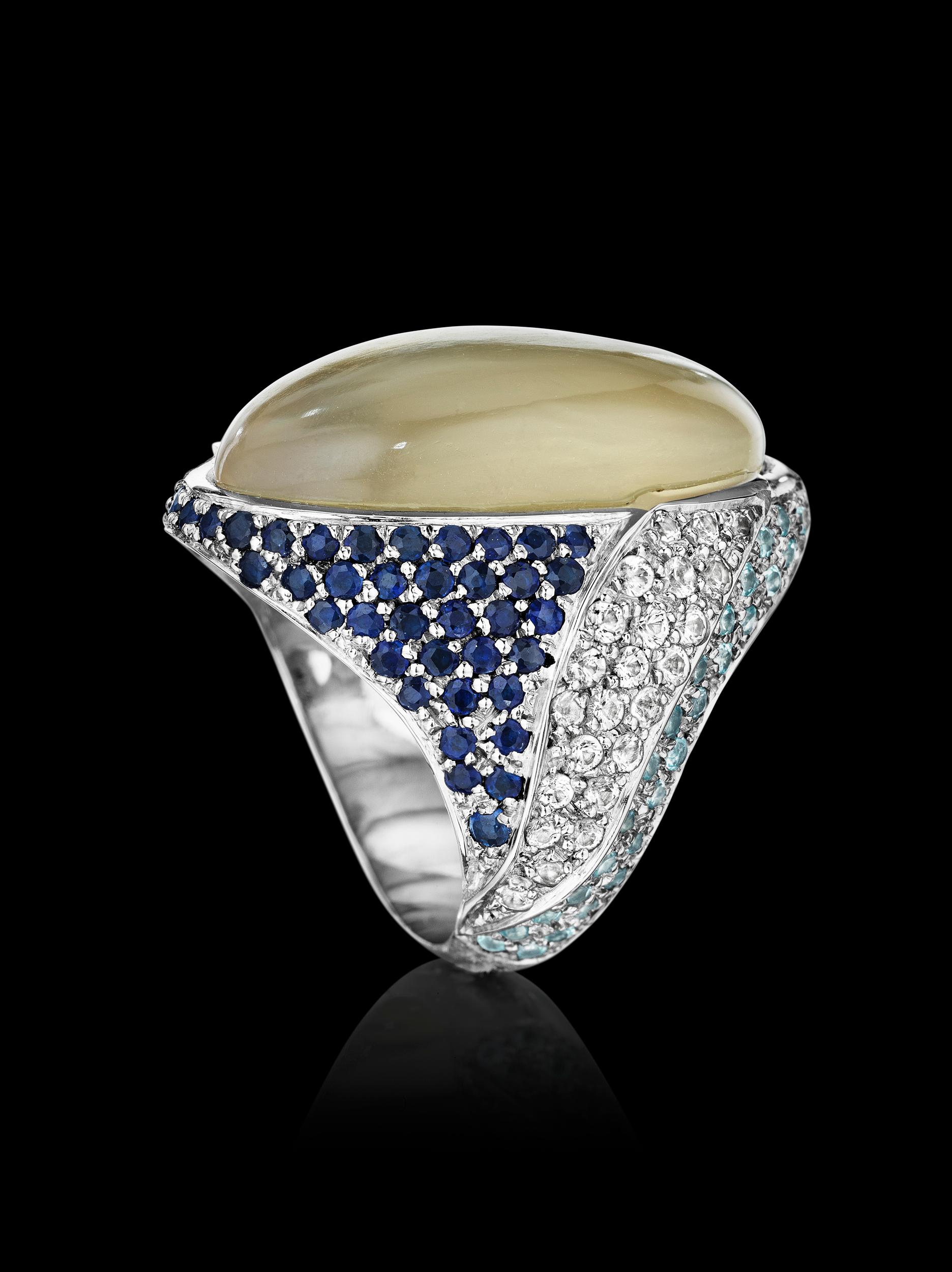 Cabochon Yoki Grey Moonstone Sapphire Aquamarine White Gold Ring For Sale