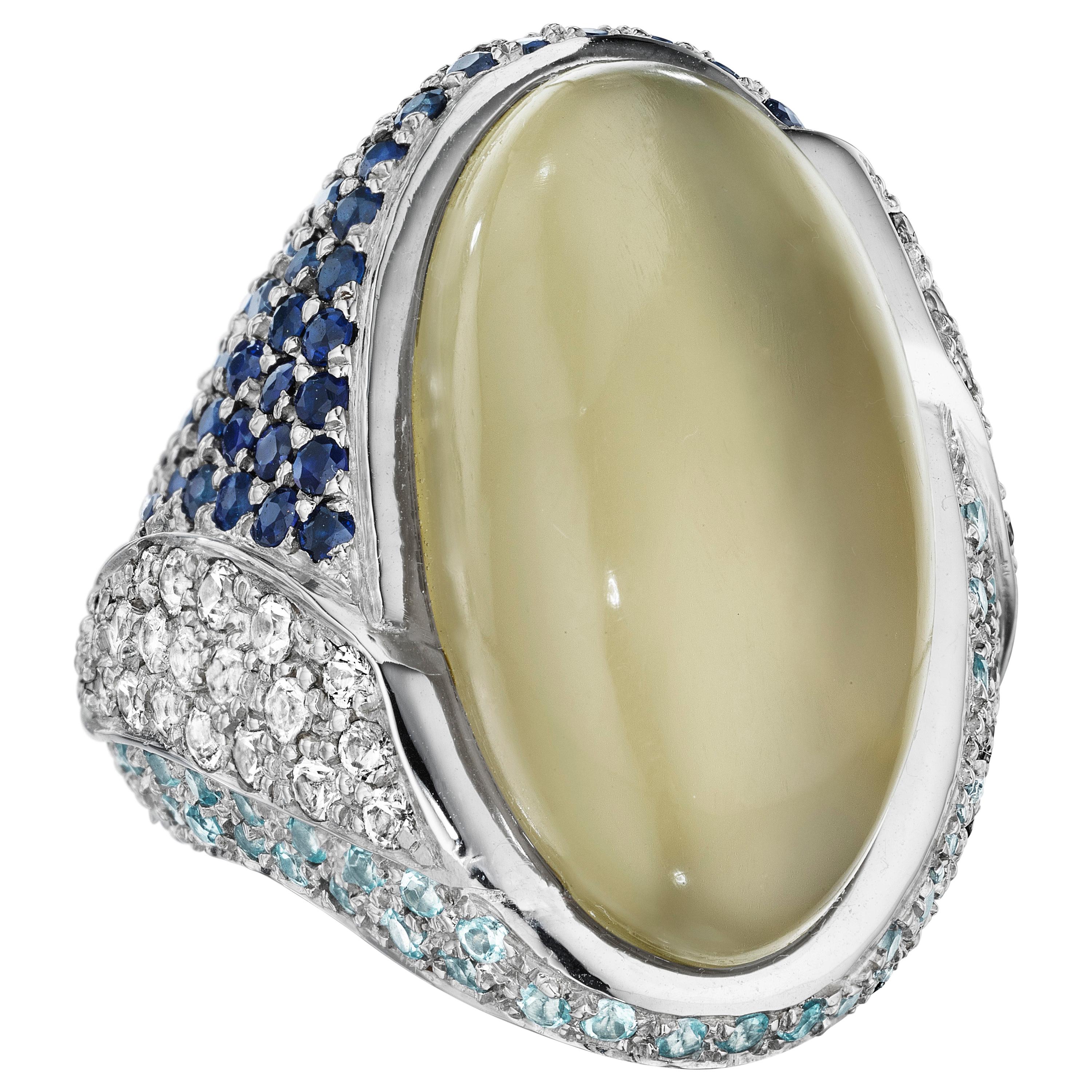 Yoki Grey Moonstone Sapphire Aquamarine White Gold Ring For Sale
