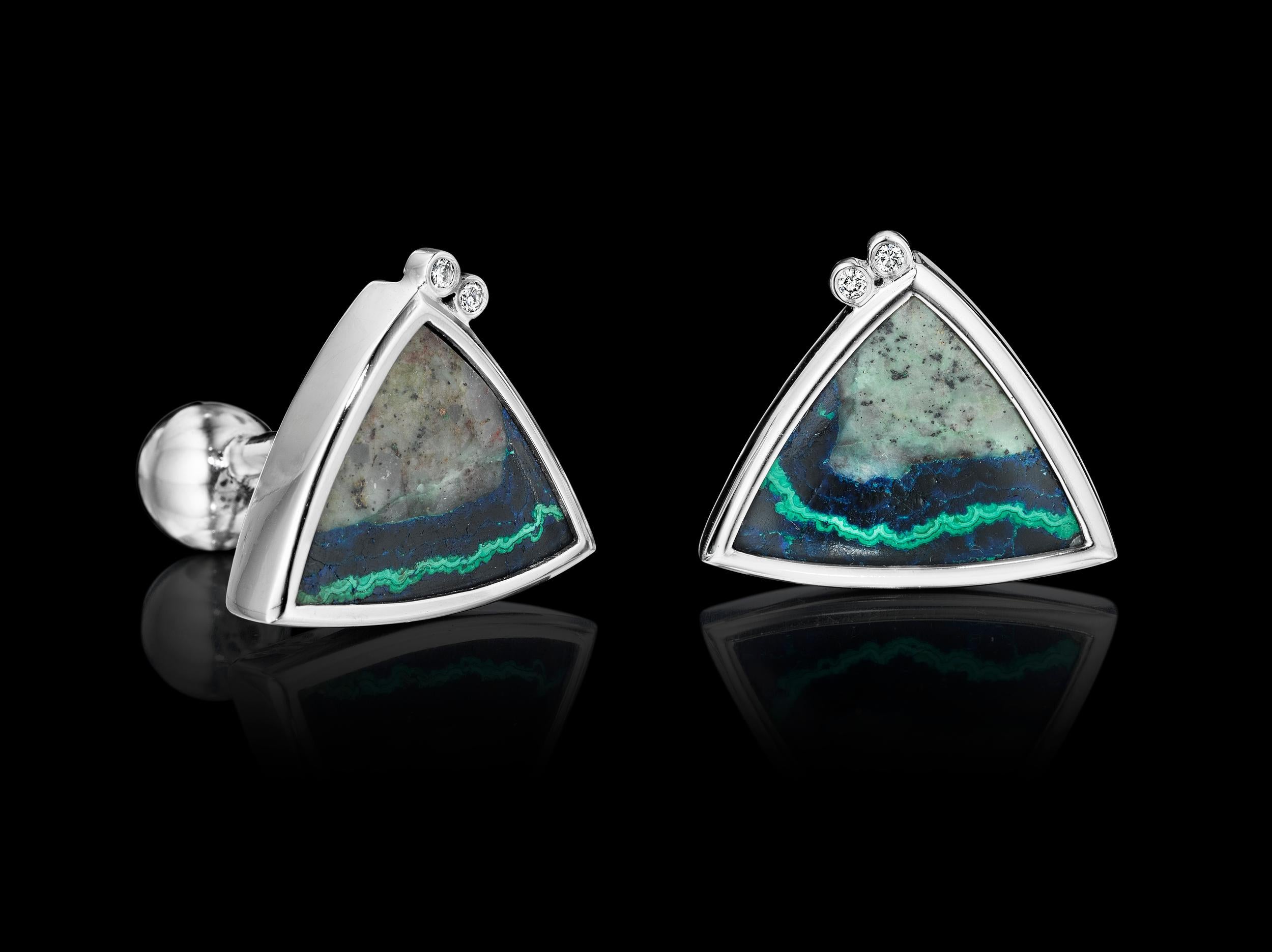 Yoki Platinum Diamond Azurite Malachite Cufflinks In New Condition For Sale In Annandale, VA