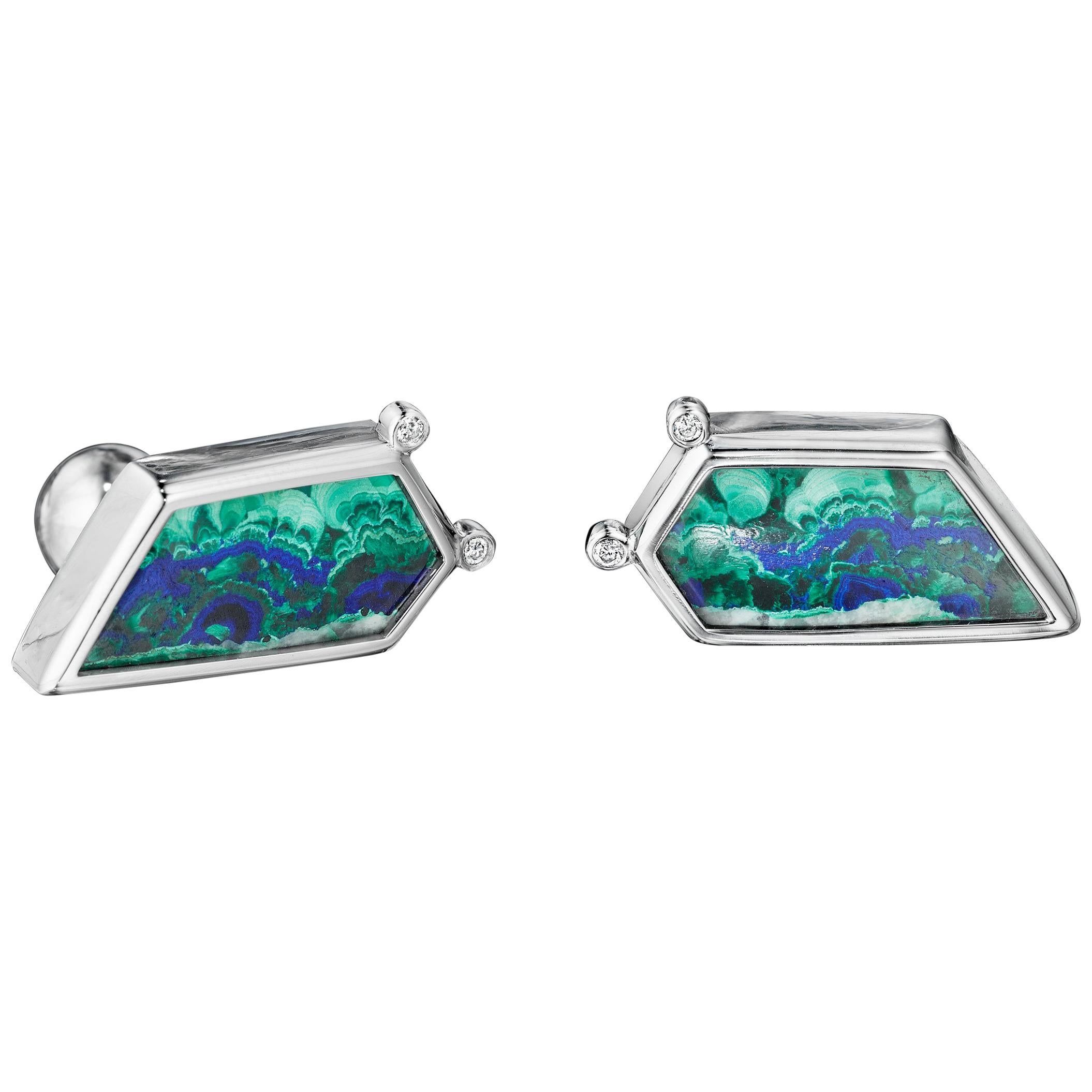 Yoki Platinum Diamond Azurite Malachite Cufflinks For Sale