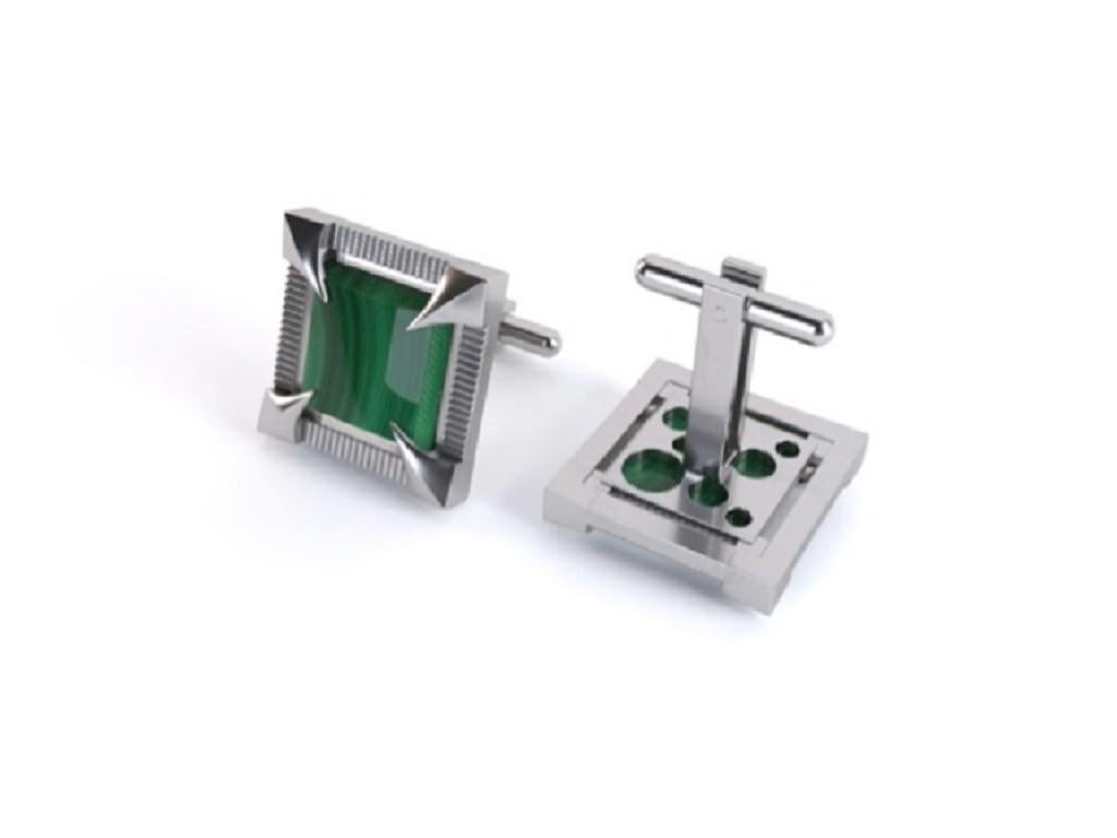 One-of-a-kind YOKI design, features Malachite set in Sterling Silver. 

Malachite measures 12mm x 12mm.  

Measurements approx. 1.6mm W x 1.9mm L. 

This item is New and part of 'Architecture' YOKI Collection. 

An original design, signed and