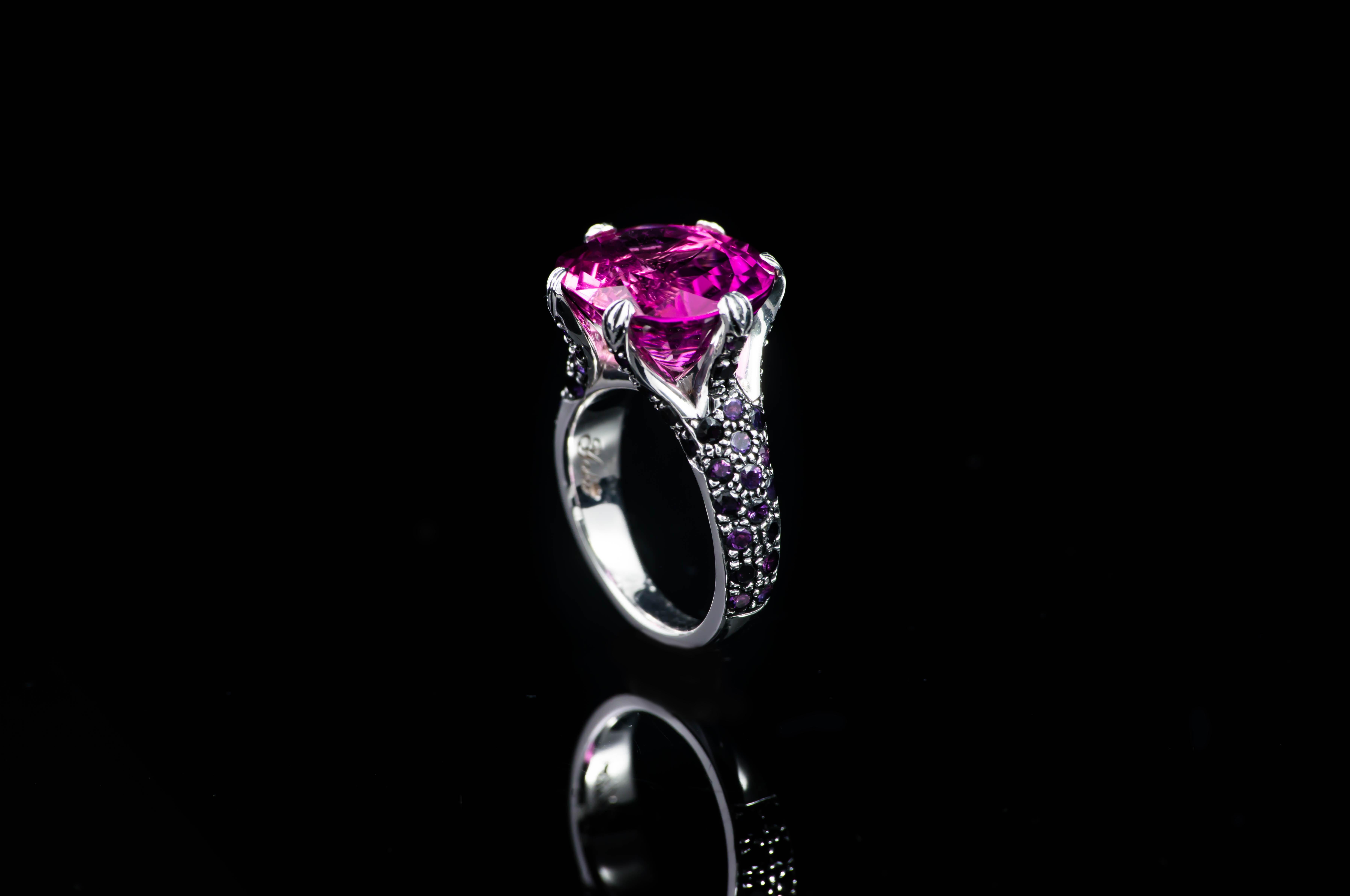 One-of-a-kind Ring features oval cut deep Fuchsia Tourmaline with deep Amethyst pave work on the shank for a more dramatic, glamorous take on the statement ring. From Pure Life Collection, inspired by Cherry Blossom tree with clusters of dark-pink