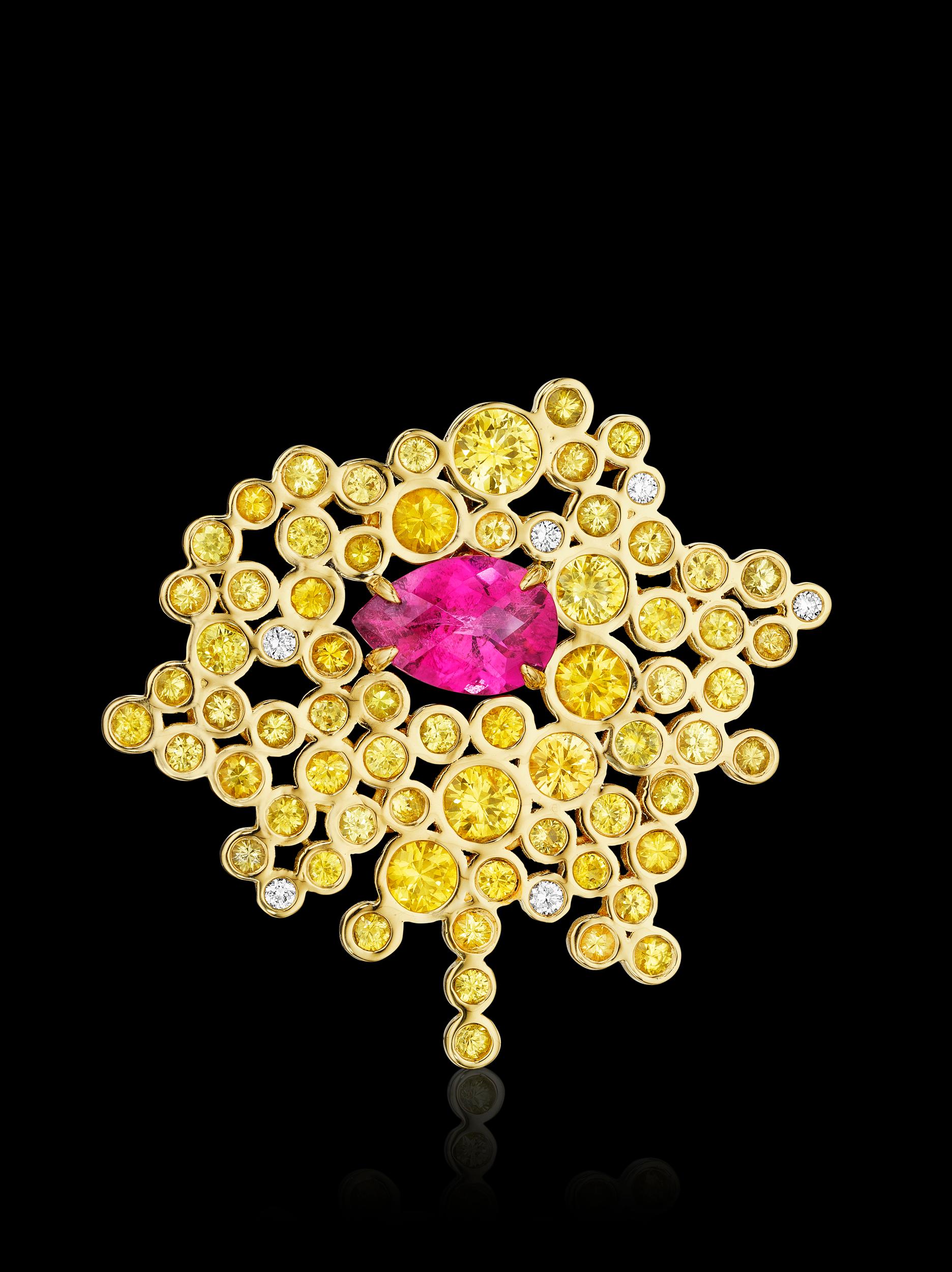 One-of-a-kind Convertible Brooach-Pendant YOKI Design, piece features Yellow Sapphires, Pink Tourmaline, and Diamonds set in 18k yellow gold. Inspired by a butterfly landing on tiny clusters of blooming yellow flowers. 

Centerstone: 12.07mm x