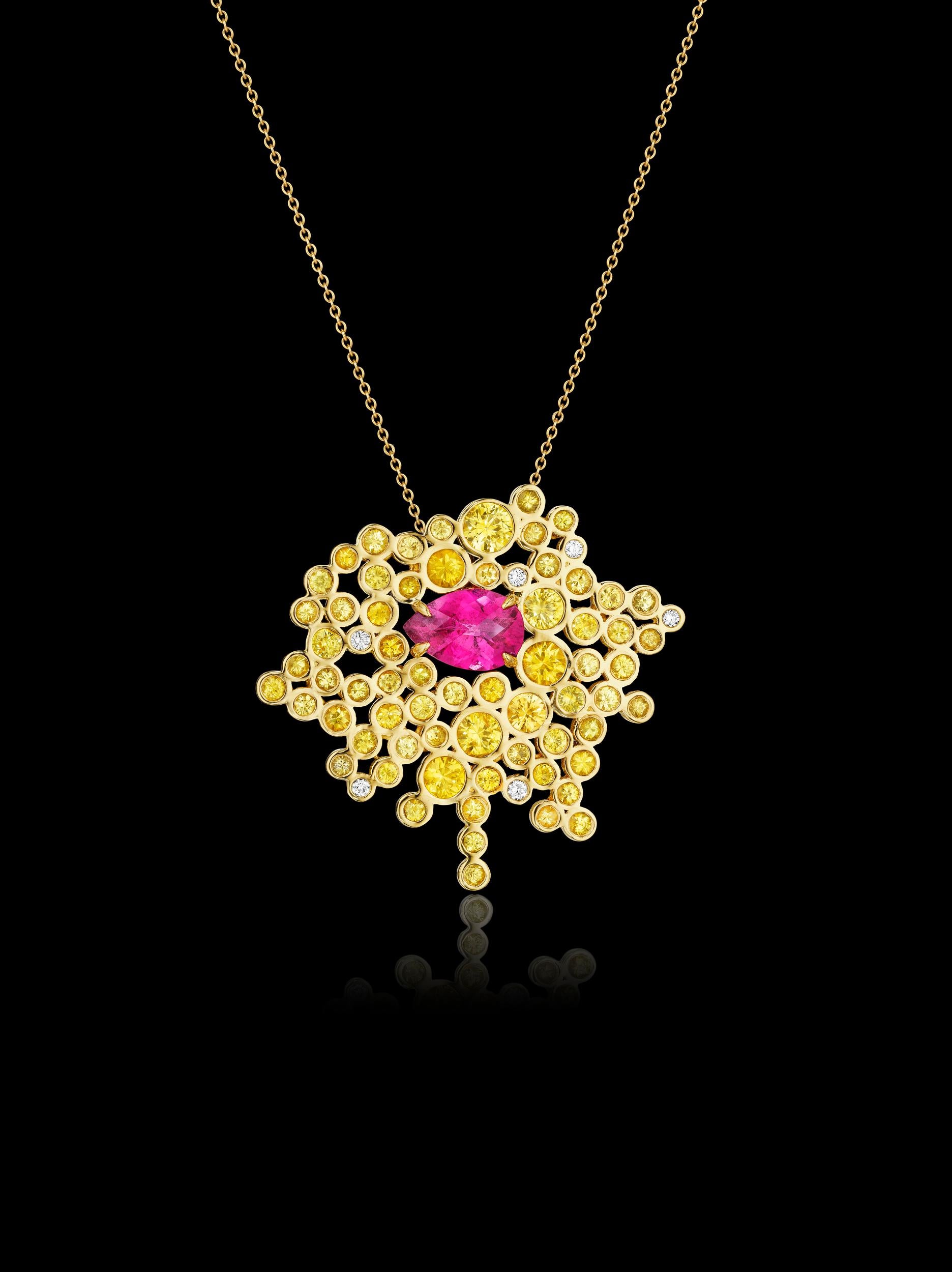 Contemporary Yoki Yellow Sapphire, Pink Tourmaline and Diamond Yellow Gold Brooch-Pendant For Sale
