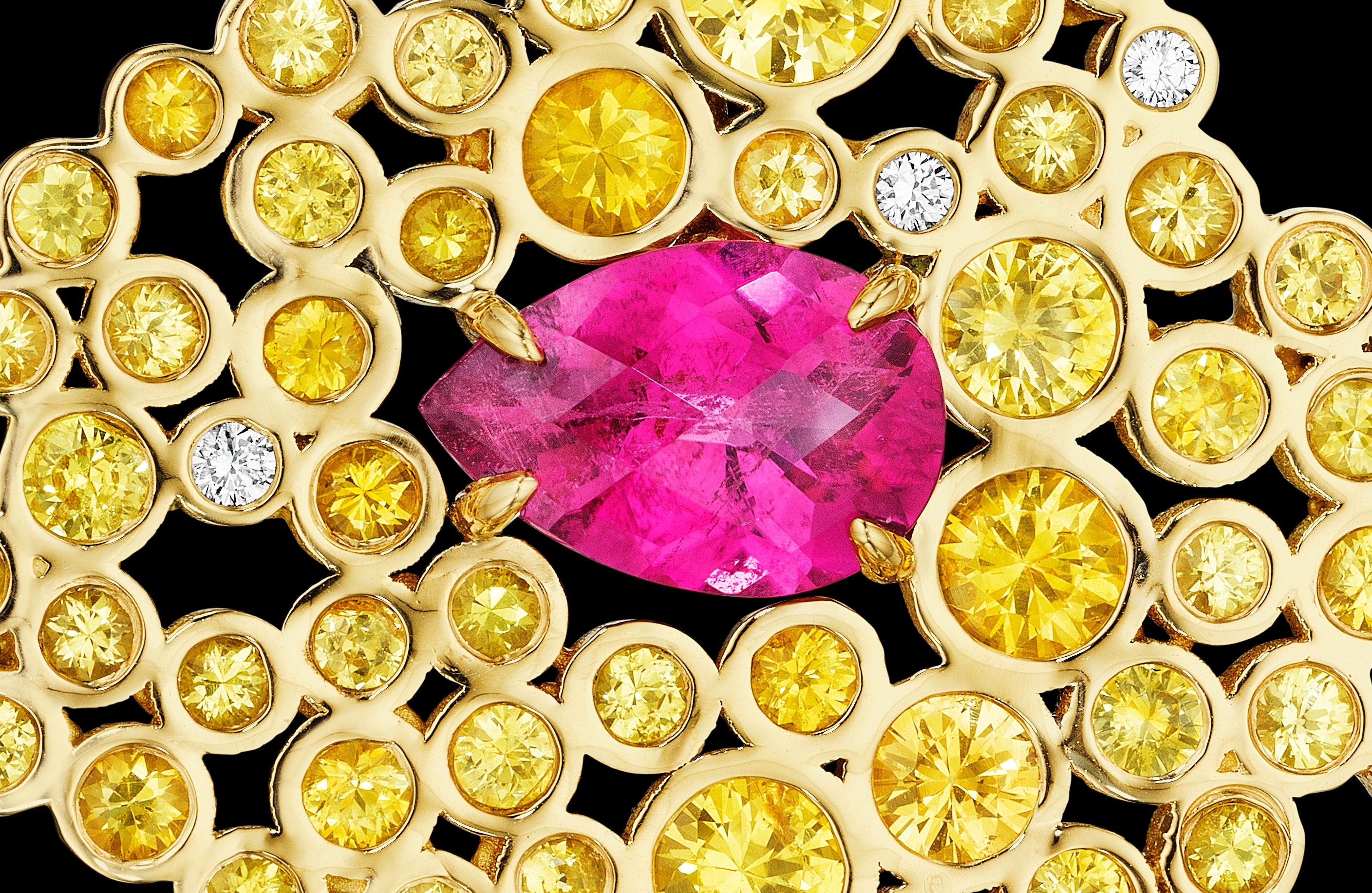 Women's or Men's Yoki Yellow Sapphire, Pink Tourmaline and Diamond Yellow Gold Brooch-Pendant For Sale
