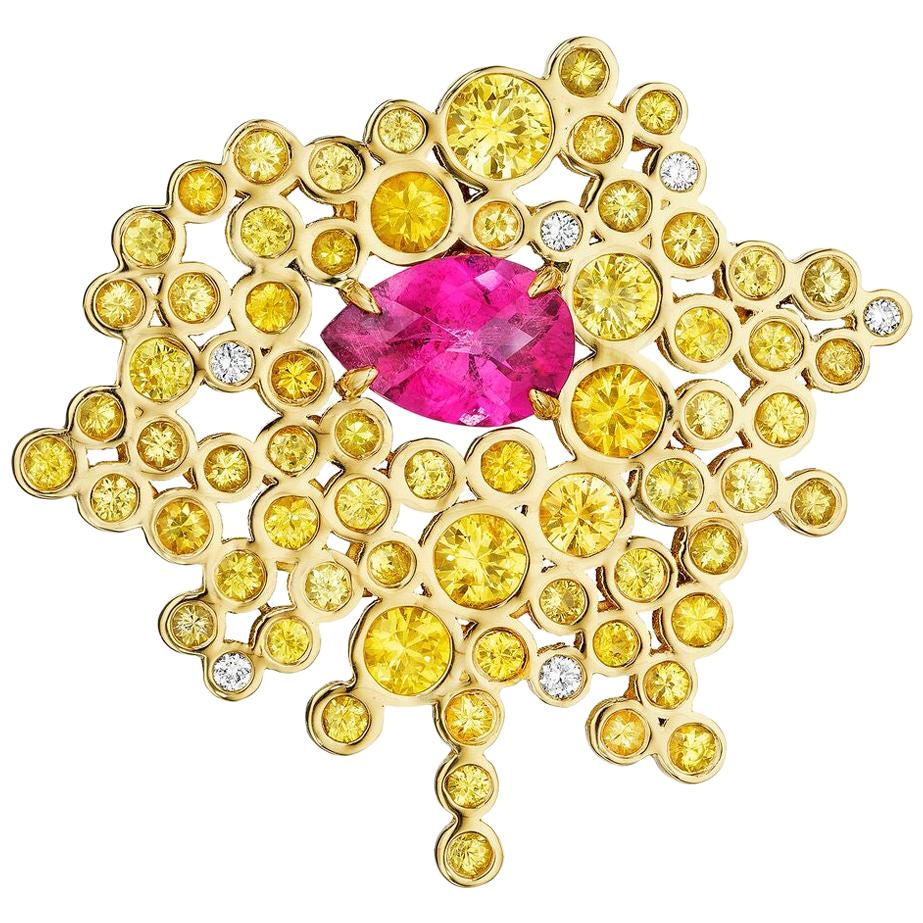 Yoki Yellow Sapphire, Pink Tourmaline and Diamond Yellow Gold Brooch-Pendant For Sale