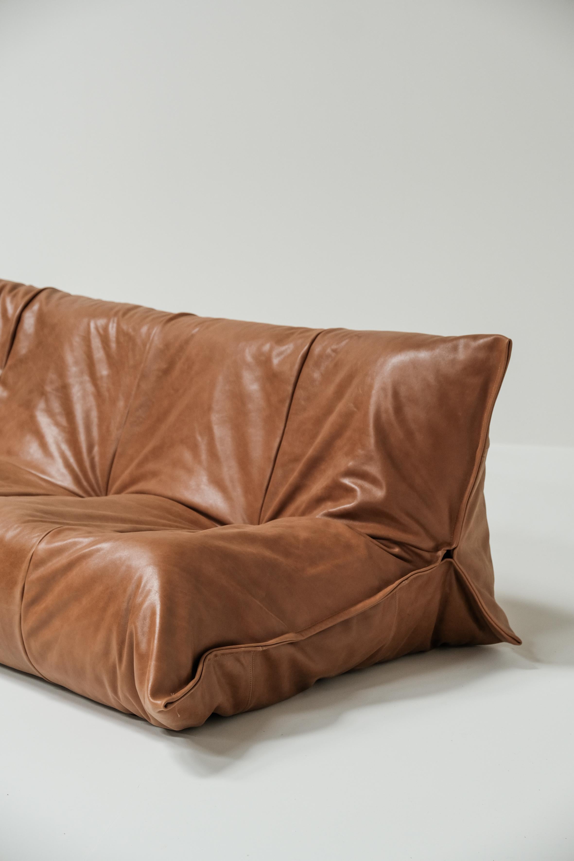 French Yoko 3 seater in cognac leather designed by Michel Ducaroy for Ligne Roset
