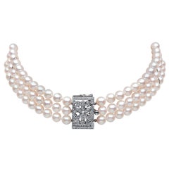 Yoko London Akoya Pearl and Diamond Art Deco Style Choker 18 Karat White Gold