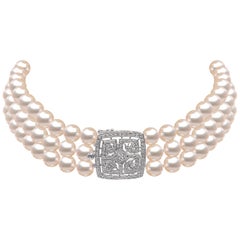 Yoko London Akoya Pearl and Diamond Choker Necklace, in 18 Karat White Gold