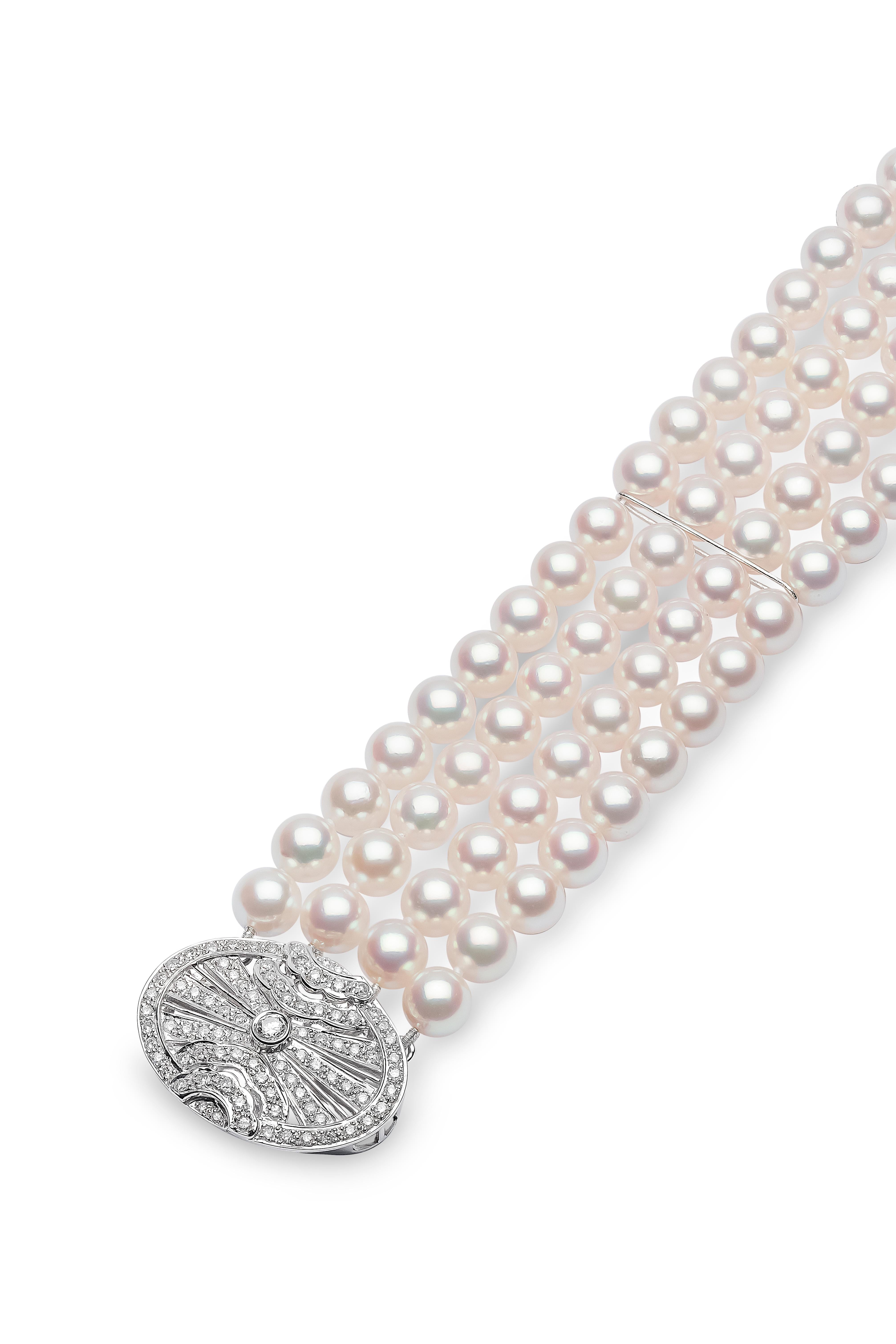 Comprised of timeless, jewellery box staples, our Classic collection is designed to last through the generations. This elegant choker features four rows of lustrous Akoya pearls, accentuated by an ornate diamond clasp which can be worn at the front