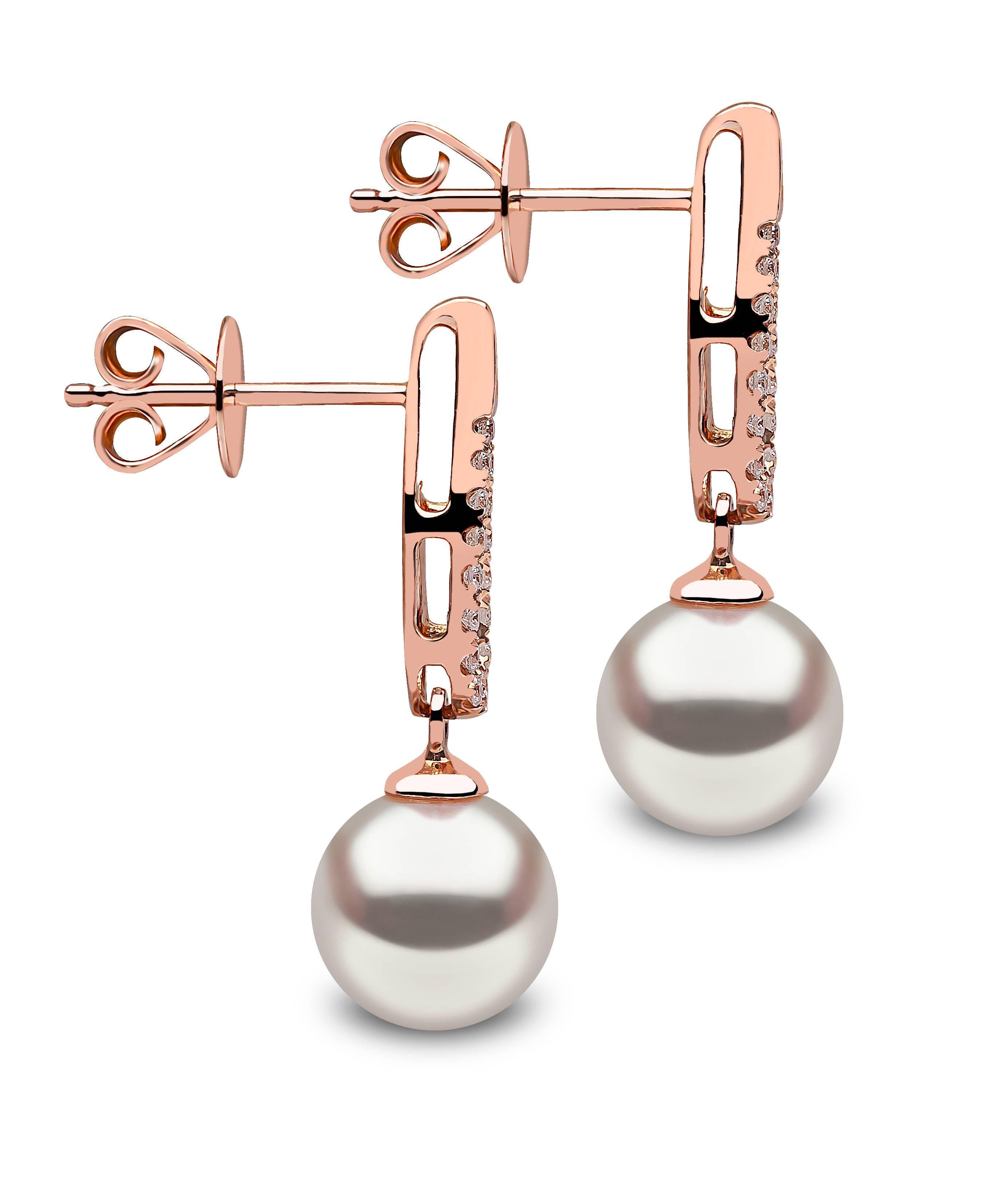 These Japanese Akoya Pearls have been hand selected by Yoko London for their gentle sheen and smooth appearance. Suspended below an elegant pattern of White Diamonds, and hosted in 18 Karat Rose Gold, these earrings are the height of sophistication,