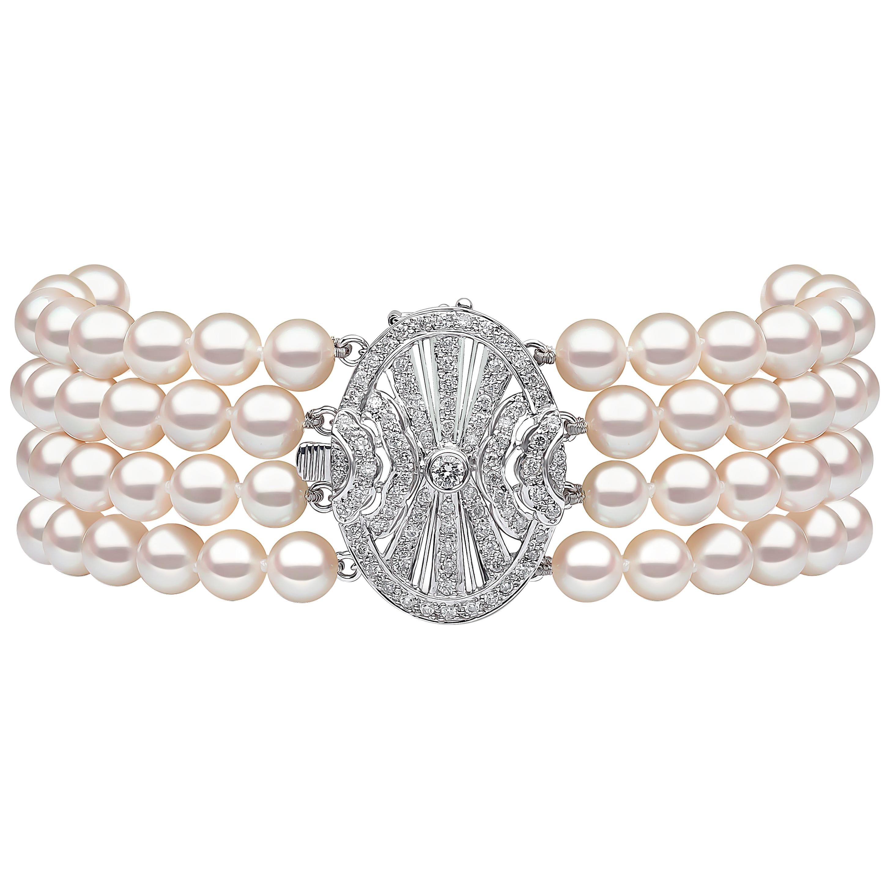 Yoko London Akoya Pearl and Diamond Four-Row Bracelet in 18 Karat White Gold