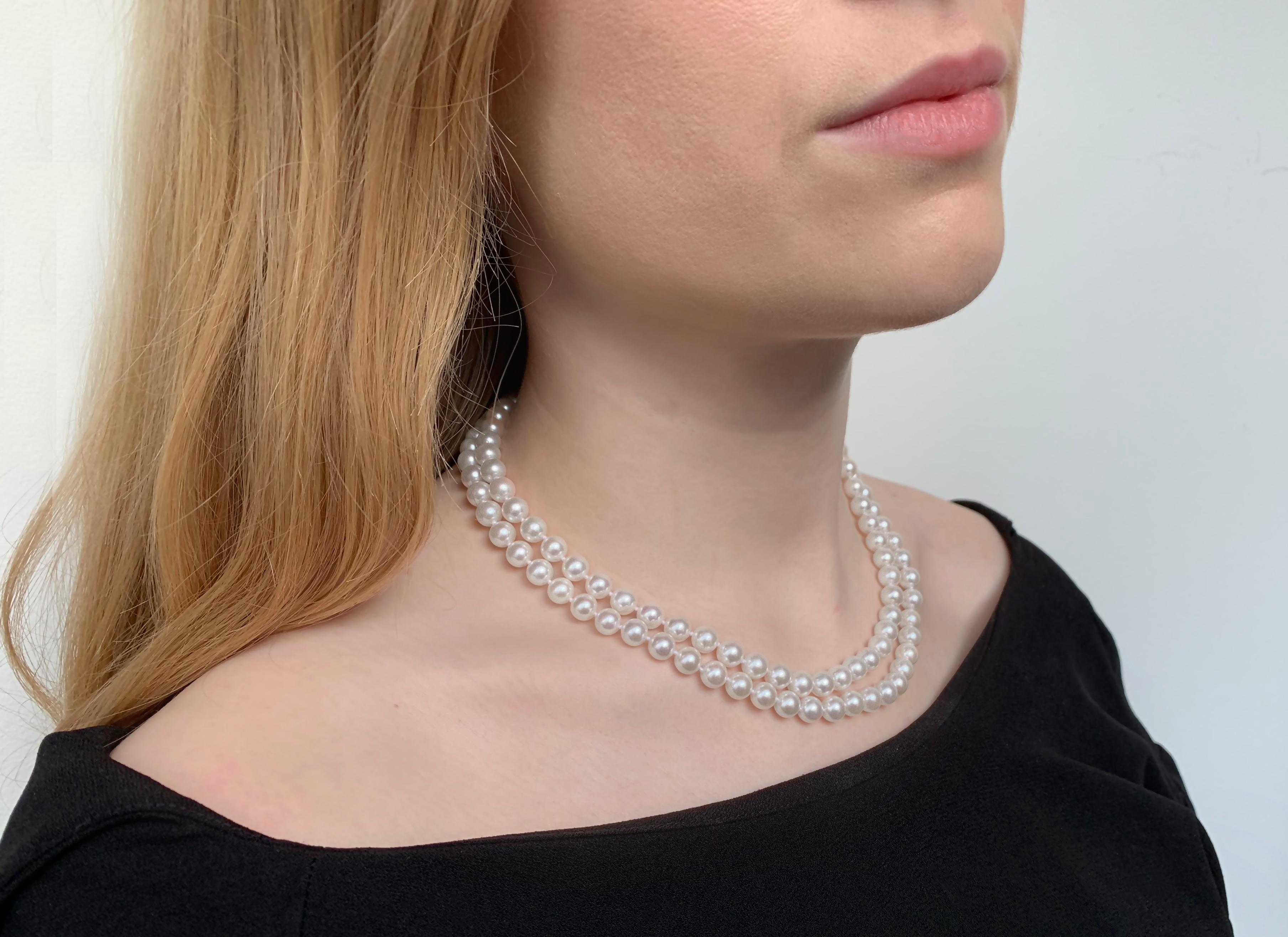 Round Cut Yoko London Akoya Pearl and Diamond Two-Row Necklace in 18 Karat White Gold