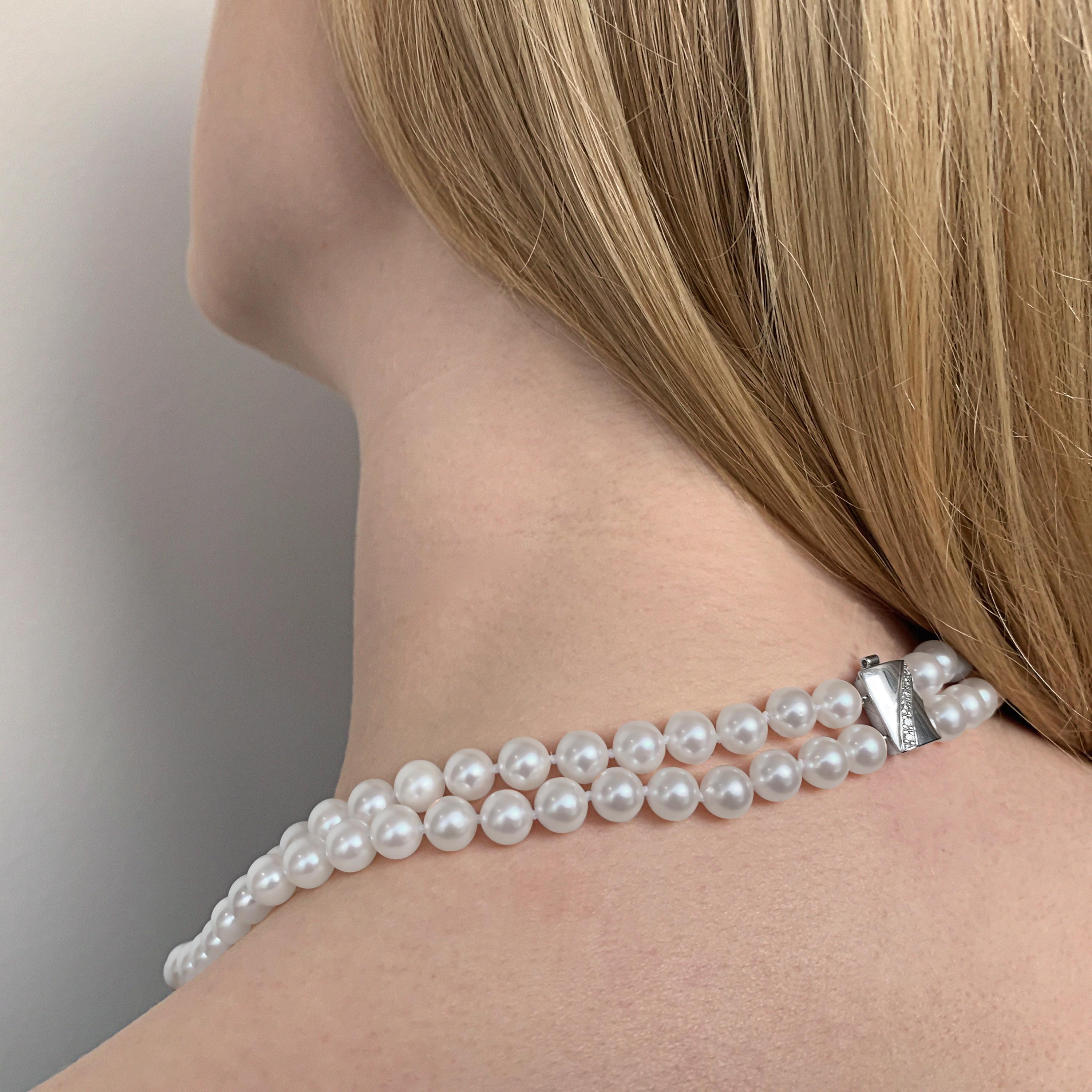 Modern Yoko London Akoya Pearl and Diamond Two-Row Necklace in 18 Karat White Gold