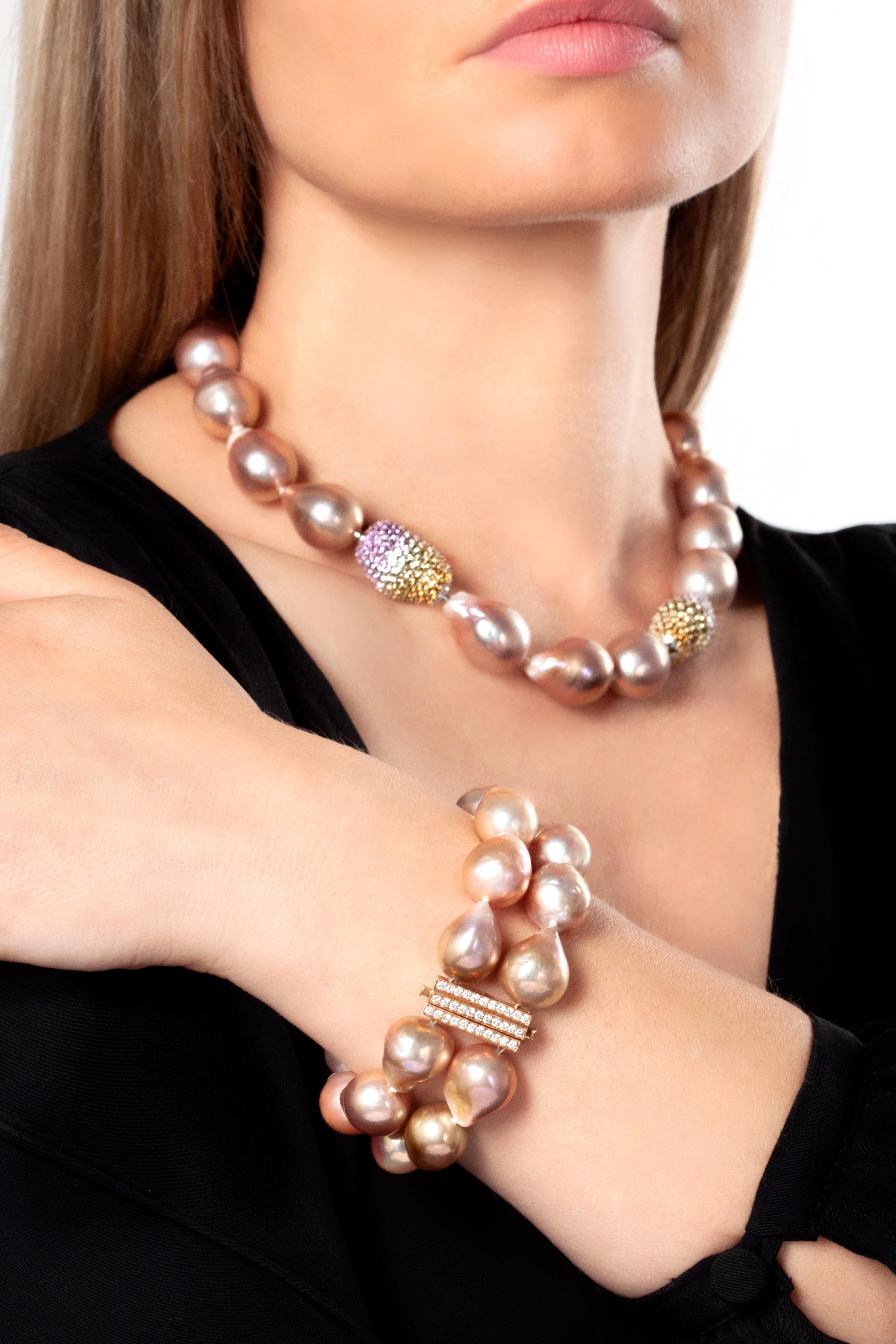 This hypnotic bracelet by Yoko London features two rows of unique, pink baroque pearls. Each baroque pearl is completely unique and this design perfectly highlights their allure and mystique. The rich, pink hues of the pearls are perfectly offset by