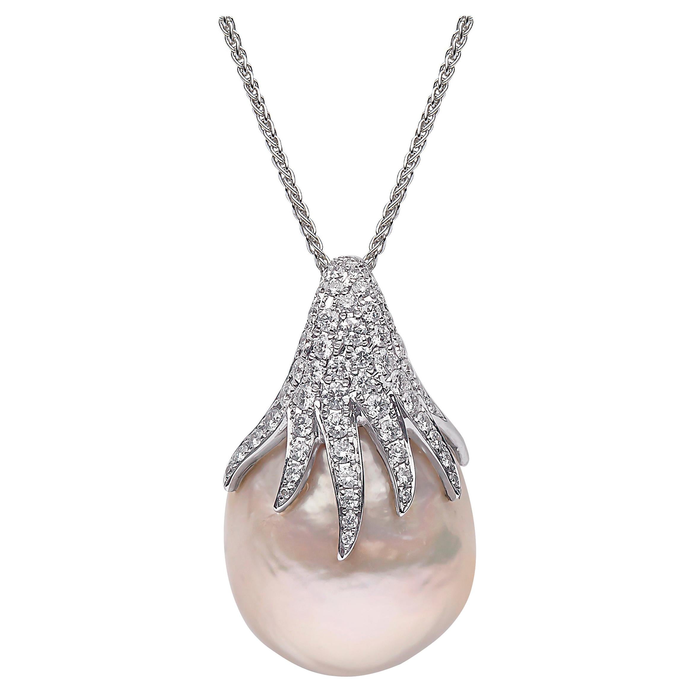 Yoko London Baroque Freshwater Pearl and Diamond Pendant in 18 Karat White Gold For Sale