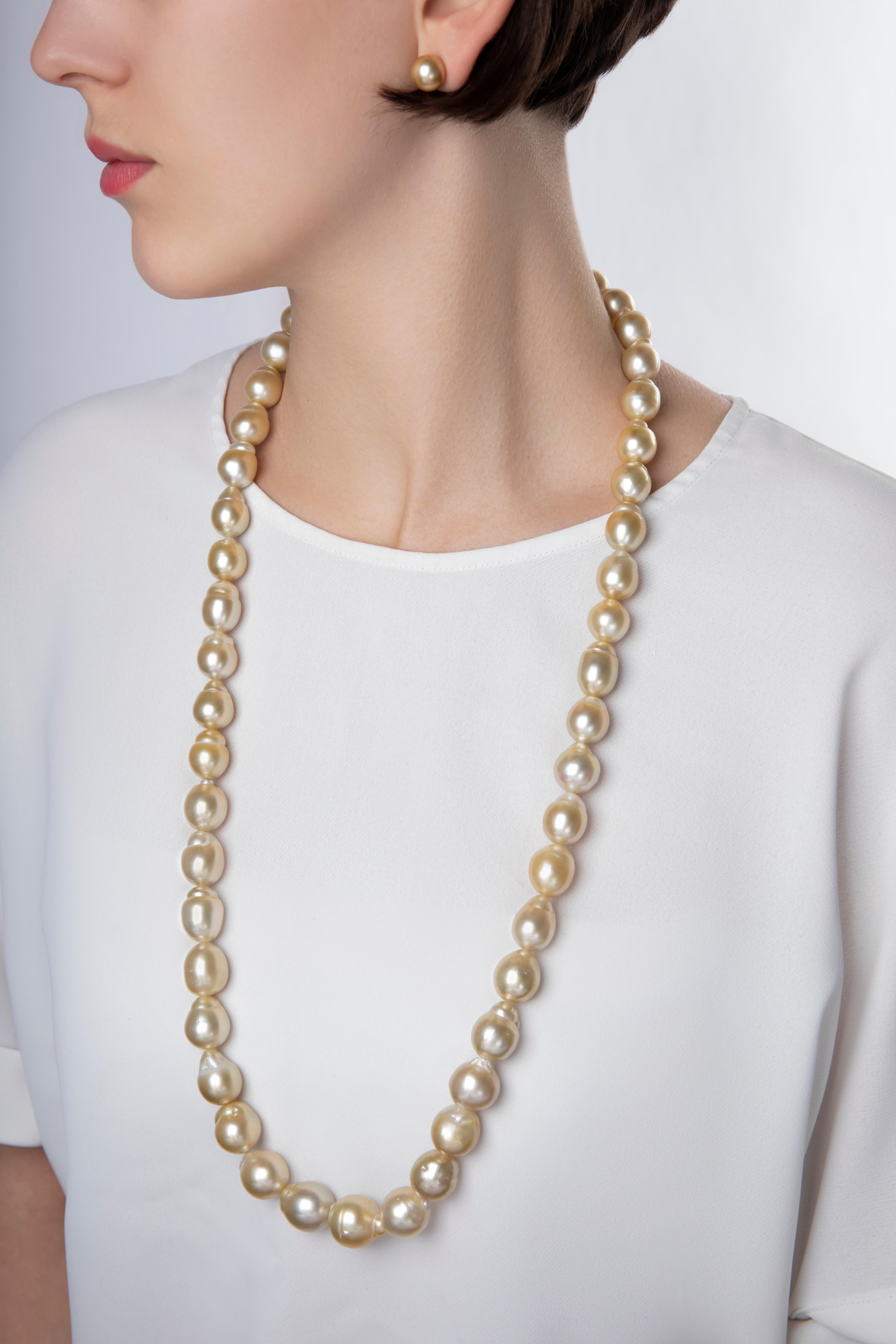 This unique necklace by Yoko London features 31 inches of spectacular 13-17mm baroque Golden South Sea pearls. Each baroque pearl is completely unique and this one of a kind necklace perfectly highlights their allure and mystique. A true statement