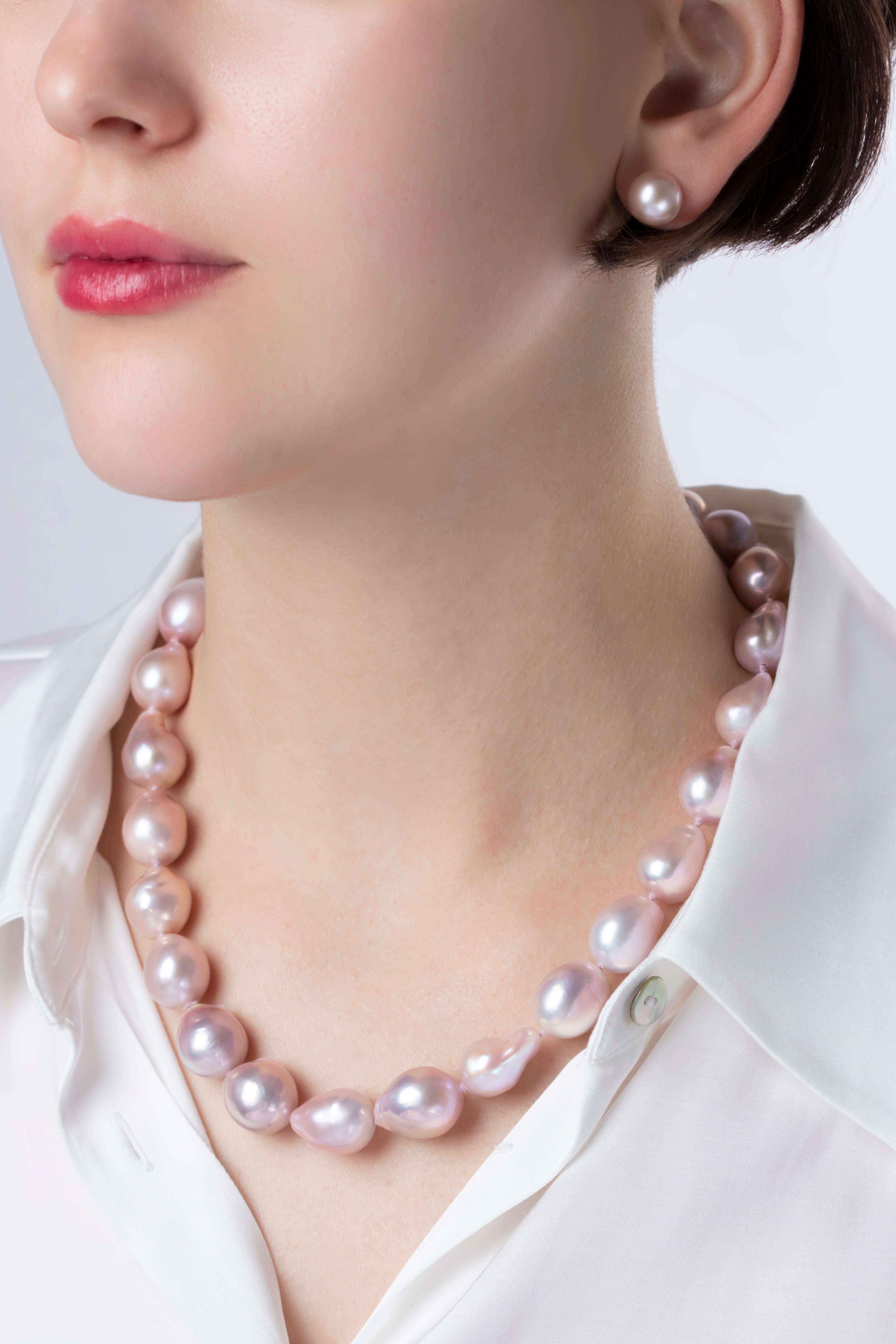 Comprised of timeless, jewellery box staples, our Classic collection is designed to last through the generations. Featuring large rare, natural colour Baroque shaped pink Freshwater pearls secured to an 18K white gold clasp, this necklace is an