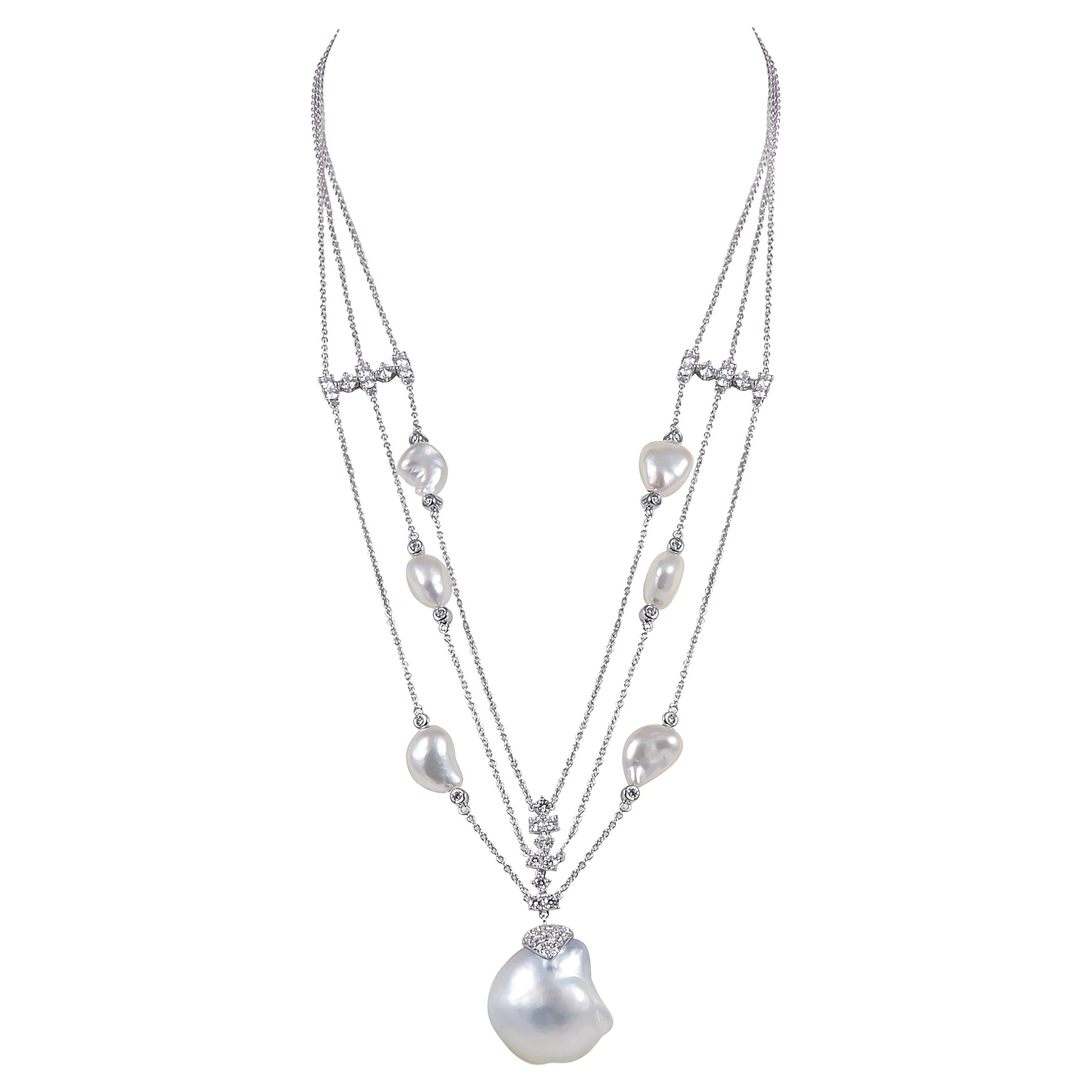 Yoko London Baroque South Sea Pearl and Diamond Necklace in 18 Karat White Gold