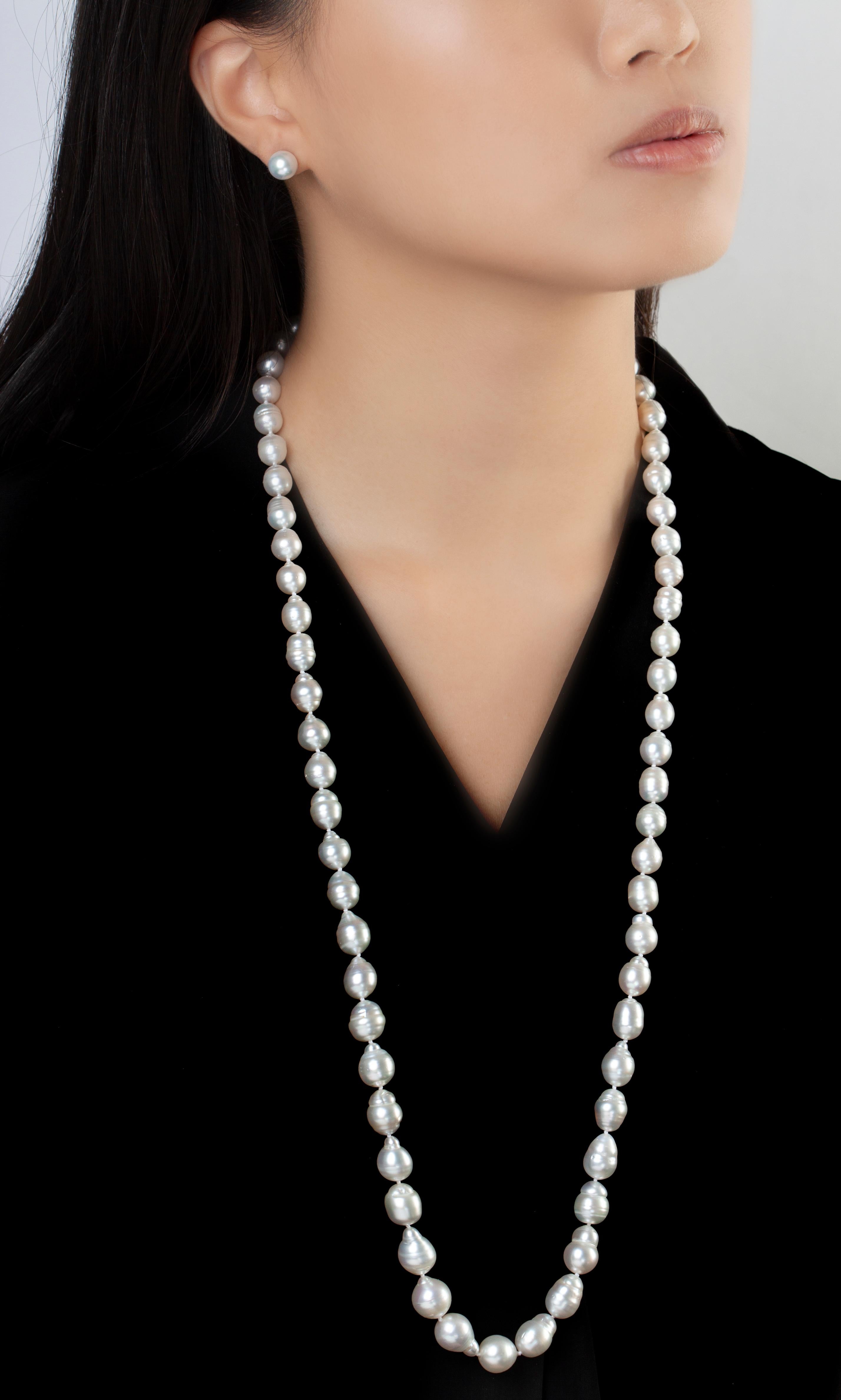 This striking necklace by Yoko London features spectacular Baroque South Sea pearls secured to an 18K white Gold diamond set clasp. Each baroque pearl is completely unique and this design perfectly highlights their allure and mystique. The length of