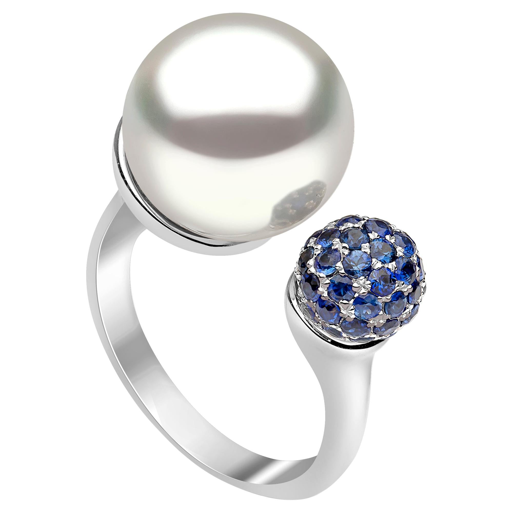 Yoko London Blue Sapphire and South Sea Pearl Ring in 18 Karat White Gold