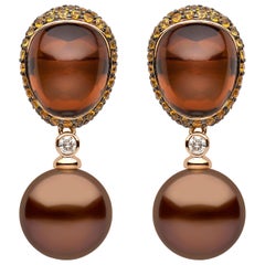 Yoko London Chocolate-Colored Tahitian Pearl, Quartz, Diamond & Sapphire Earring