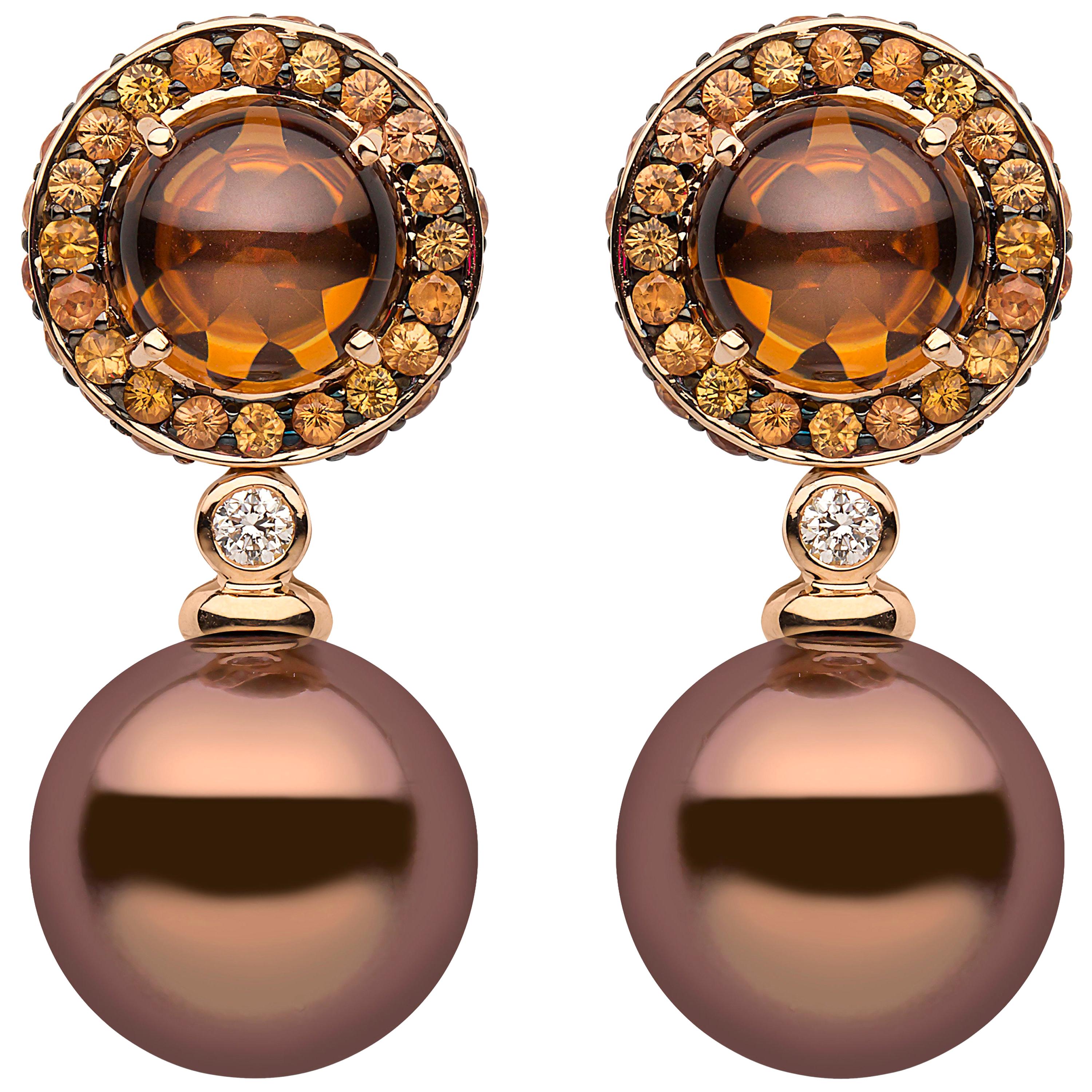Yoko London Chocolate Pearl, Diamond, Sapphire and Quartz Earrings in 18K Gold For Sale