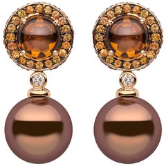 Yoko London Chocolate Pearl, Diamond, Sapphire and Quartz Earrings in 18K Gold