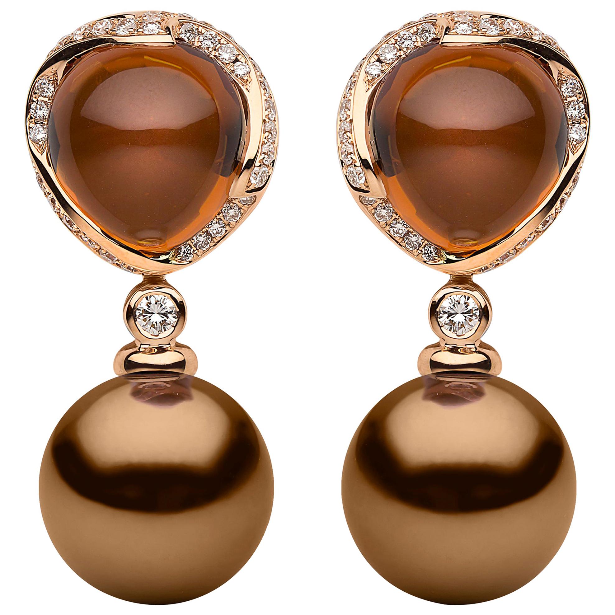 Yoko London Chocolate Tahitian Pearl, Quartz and Diamond Earrings 18K Rose Gold