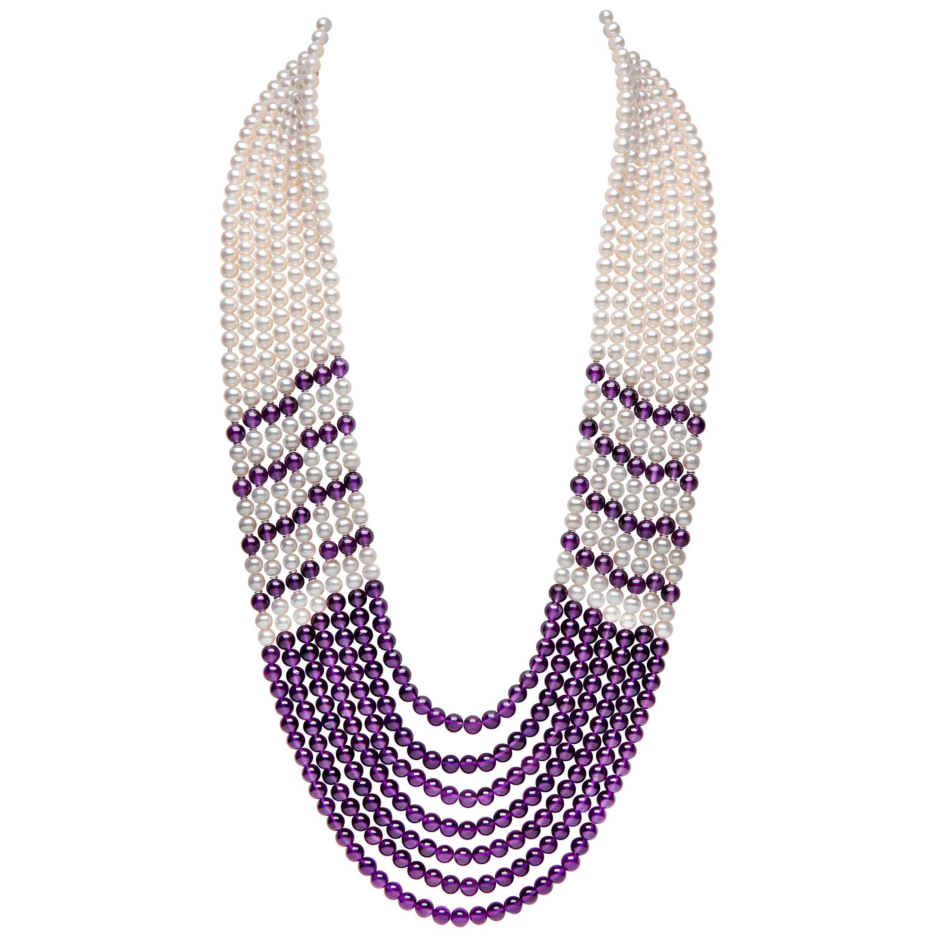 Yoko London Freshwater Pearl and Amethyst Necklace in 18 Karat White Gold