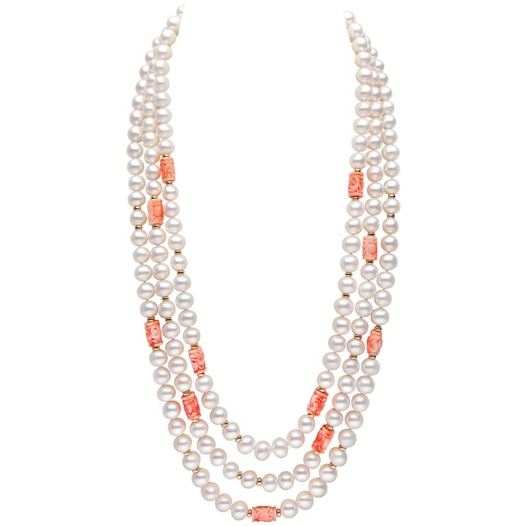 Yoko London Freshwater Pearl and Coral Necklace in 18 Karat Yellow Gold ...