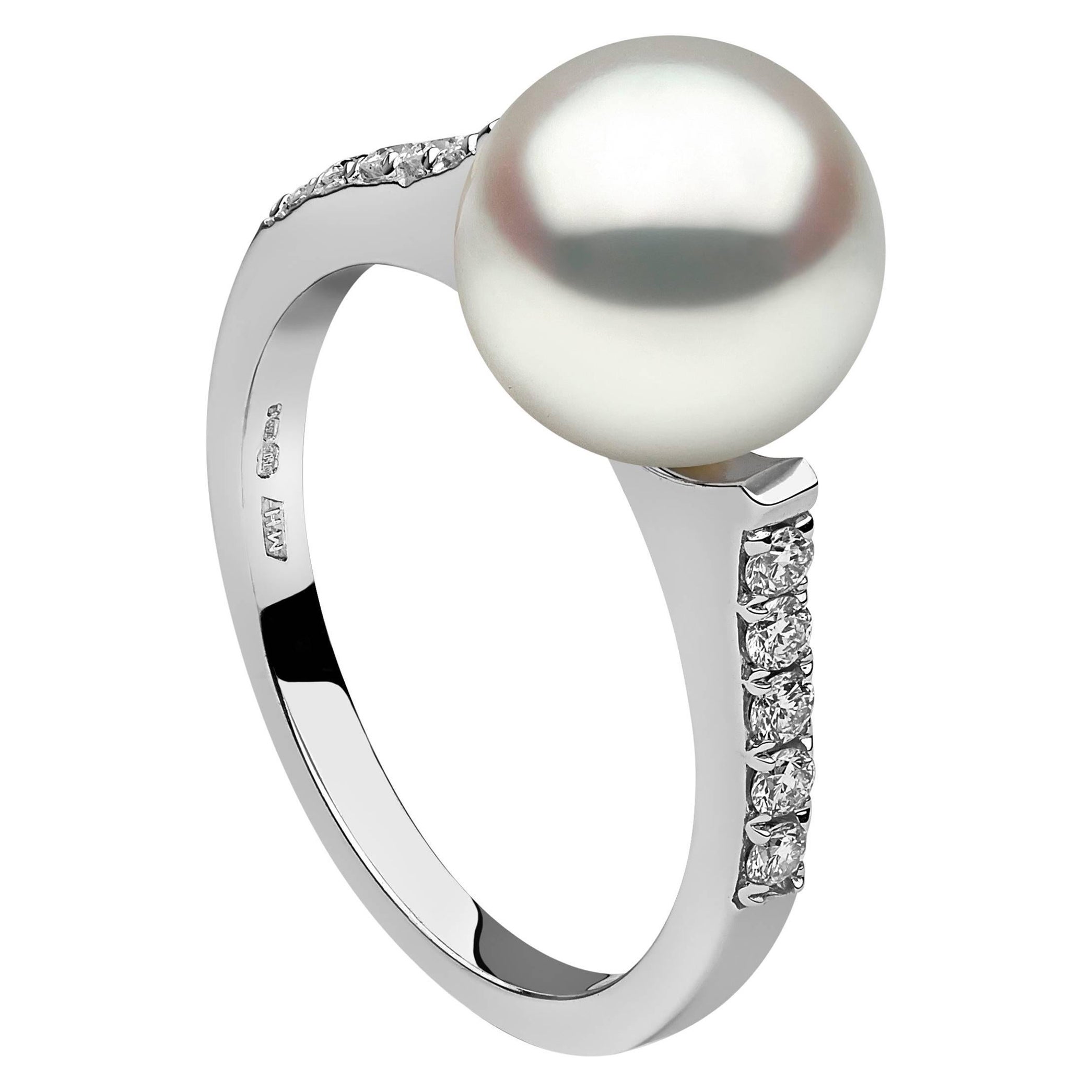 Anello classico con perle d'acqua dolce e diamanti in oro bianco 18 carati Yoko London