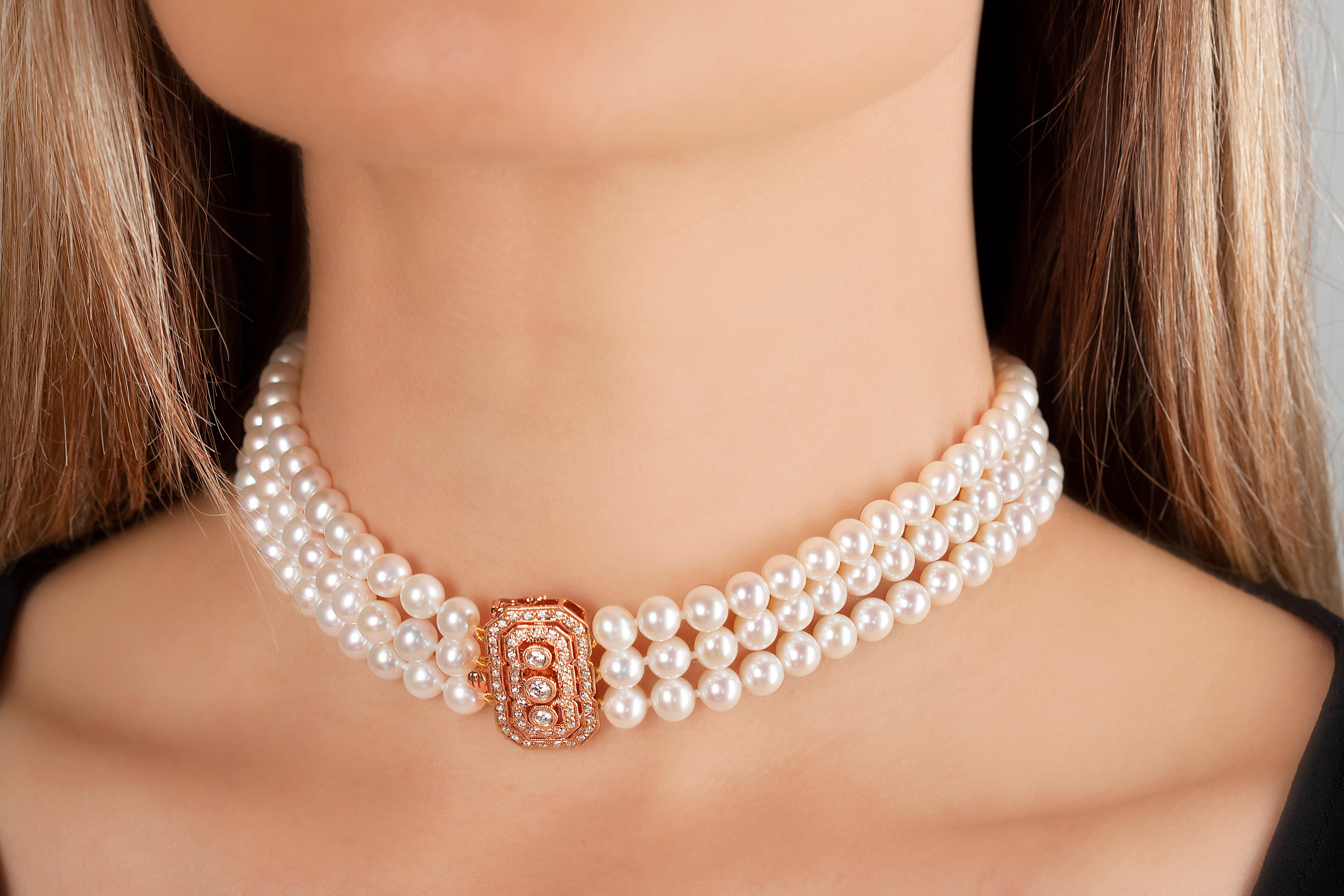 Contemporary Yoko London Freshwater Pearl and Diamond Choker Necklace in 18 Karat Rose Gold