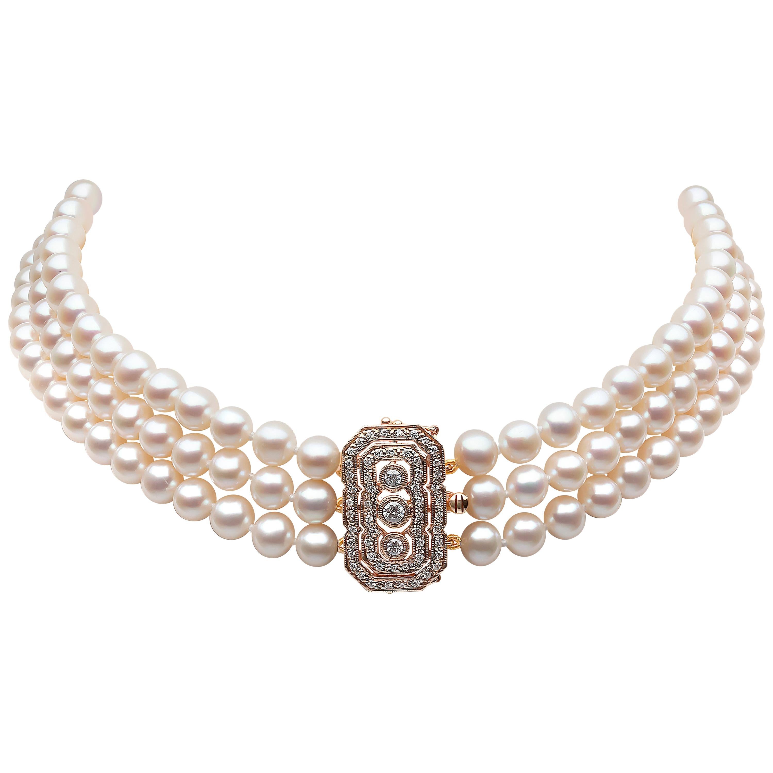Yoko London Freshwater Pearl and Diamond Choker Necklace in 18 Karat Rose Gold