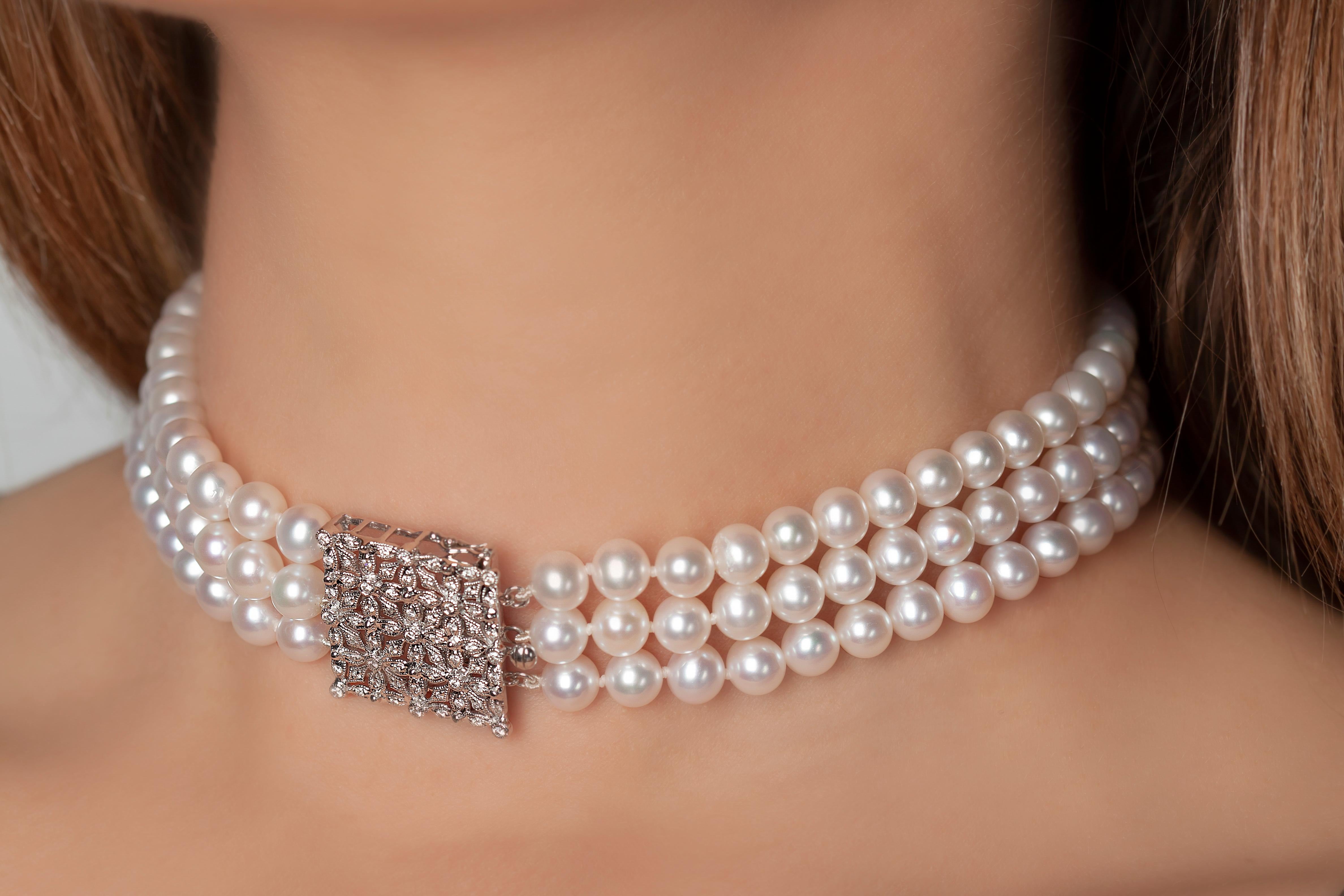 Round Cut Yoko London Freshwater Pearl and Diamond Choker Necklace in 18 Karat White Gold