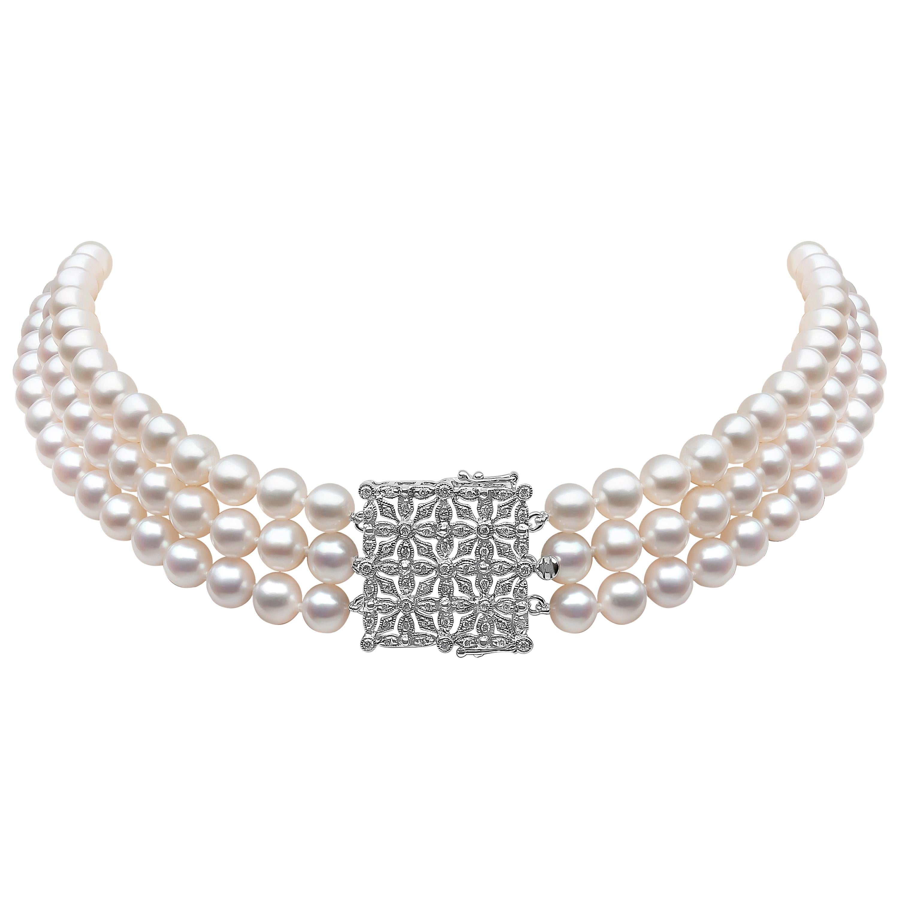 Yoko London Freshwater Pearl and Diamond Choker Necklace in 18 Karat White Gold