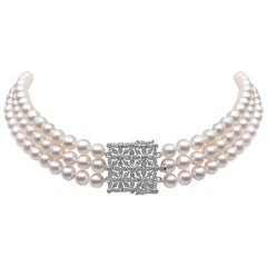Yoko London Freshwater Pearl and Diamond Choker Necklace in 18 Karat White Gold