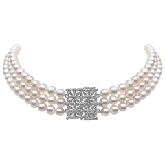 Yoko London Freshwater Pearl and Diamond Choker Necklace in 18 Karat White Gold