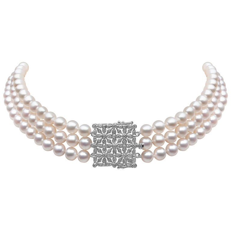 Yoko London Freshwater Pearl and Diamond Choker Necklace in 18 Karat White  Gold at 1stDibs