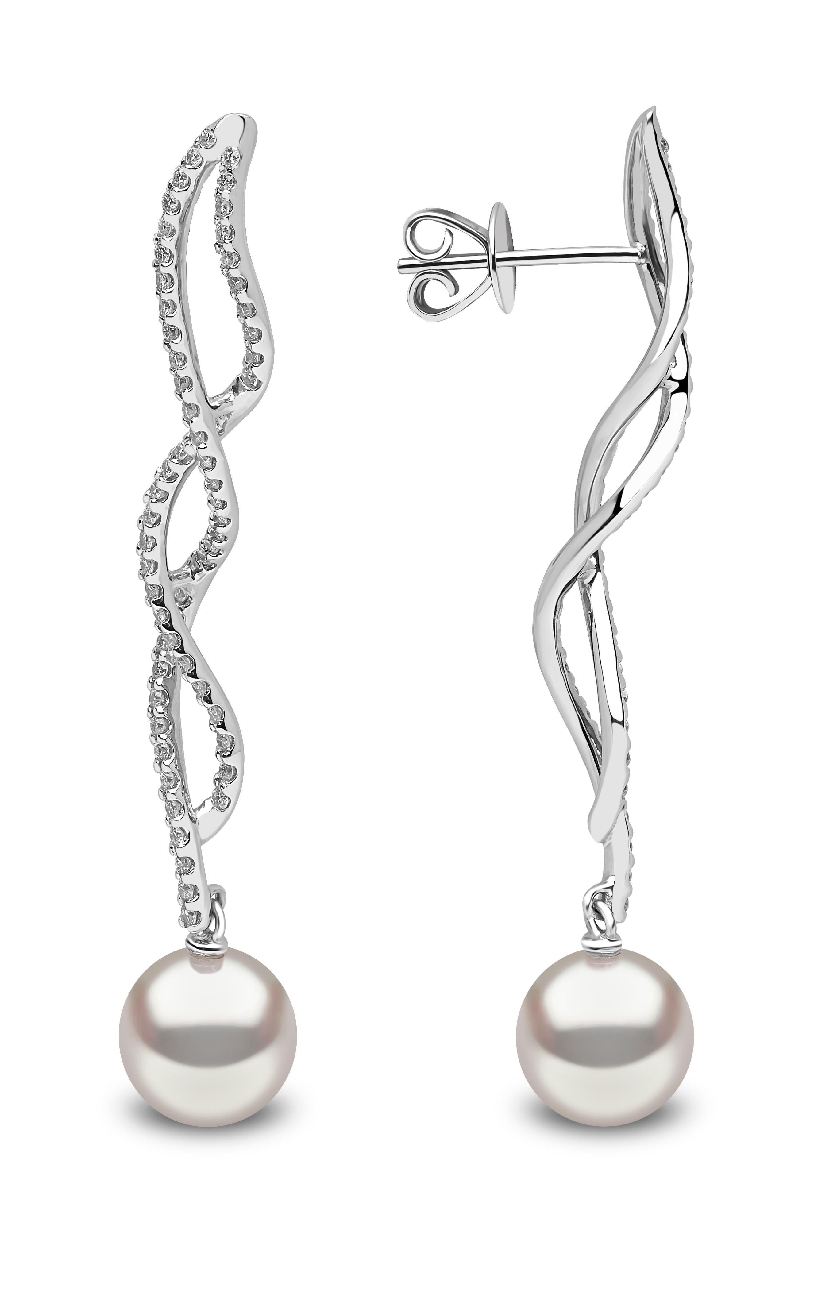 Round Cut Yoko London Freshwater Pearl and Diamond Drop Earrings in 18 Karat White Gold For Sale
