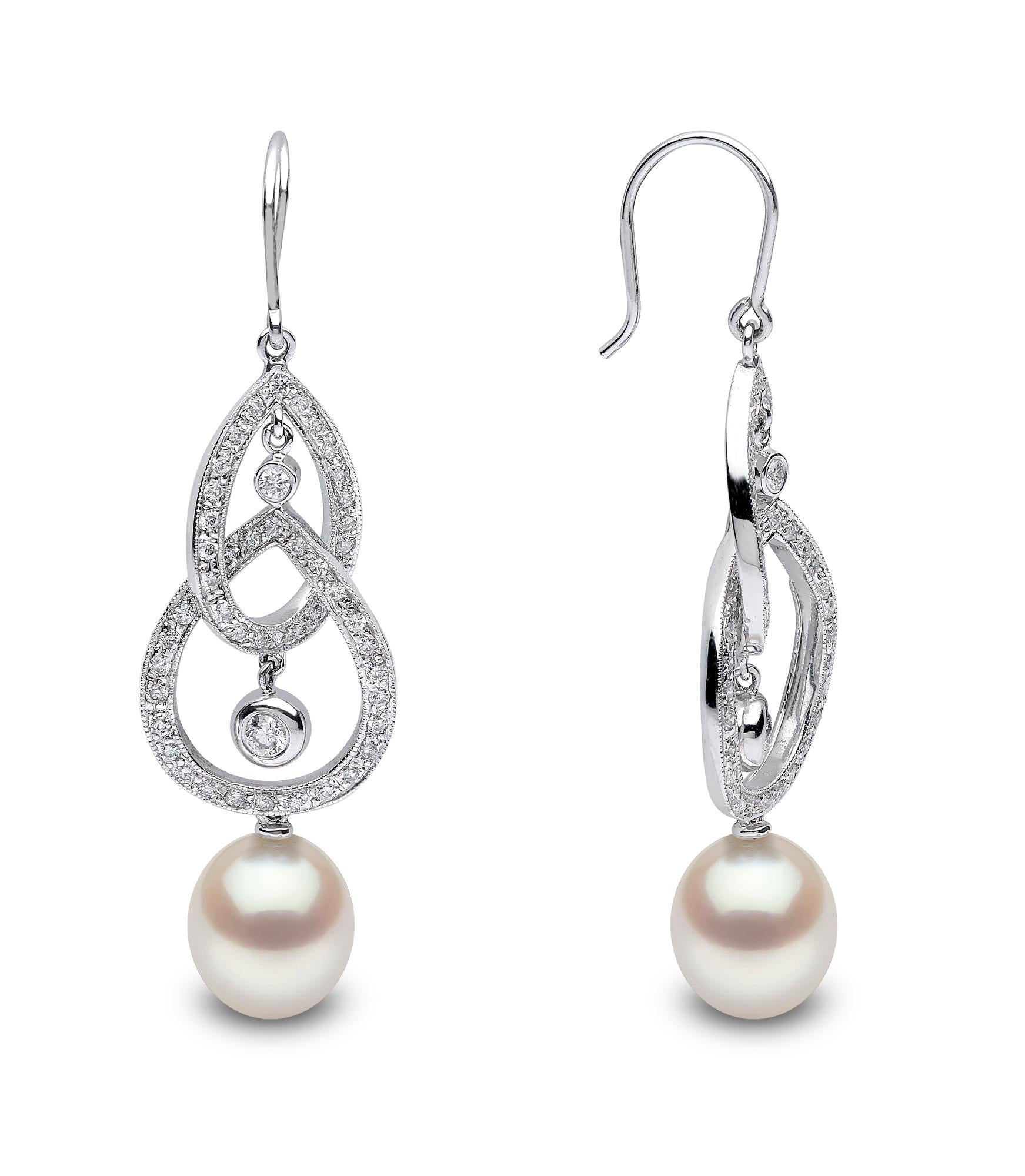 Featuring a stunning array of diamond swirls, atop a 9.5mm drop-shaped cultured freshwater pearl, these earrings are a delicate delight sure to add a feeling of glamour to any outfit. Made with a hook earring fitting, these earrings are easy to put