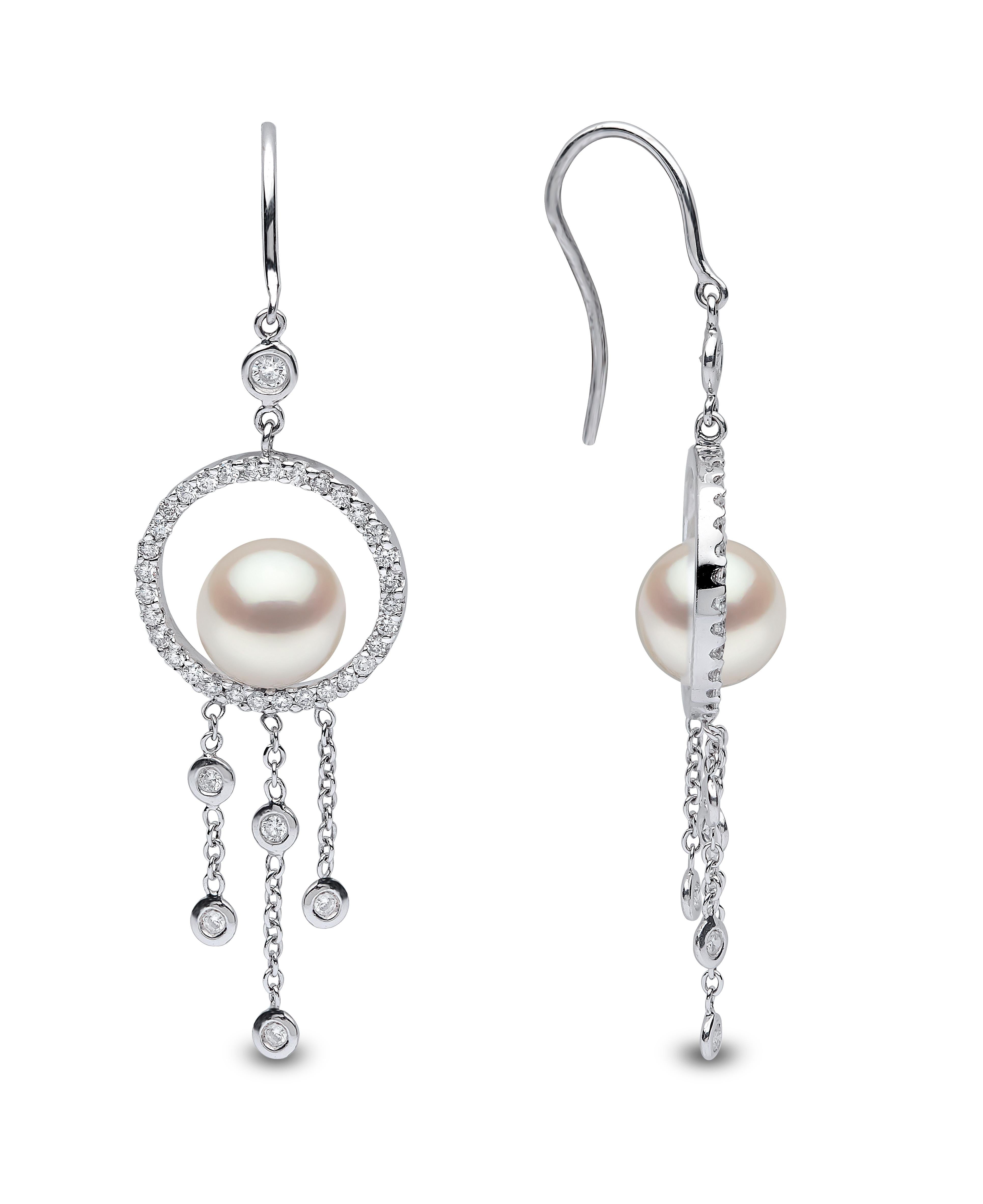 Round Cut Yoko London Freshwater Pearl and Diamond Earrings in 18 Karat White Gold For Sale