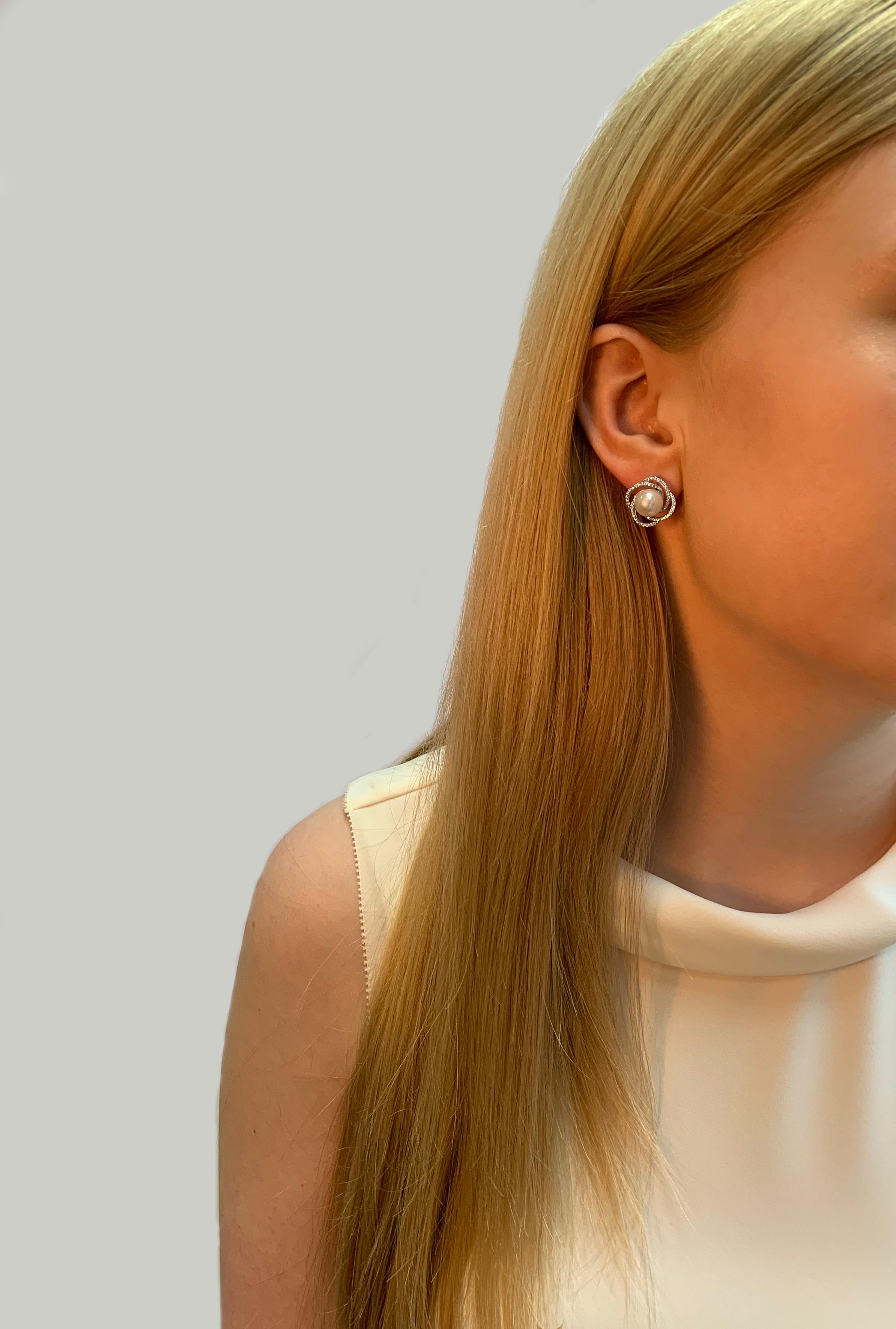 Modern Yoko London Freshwater Pearl and Diamond Earrings Set in 18 Karat White Gold