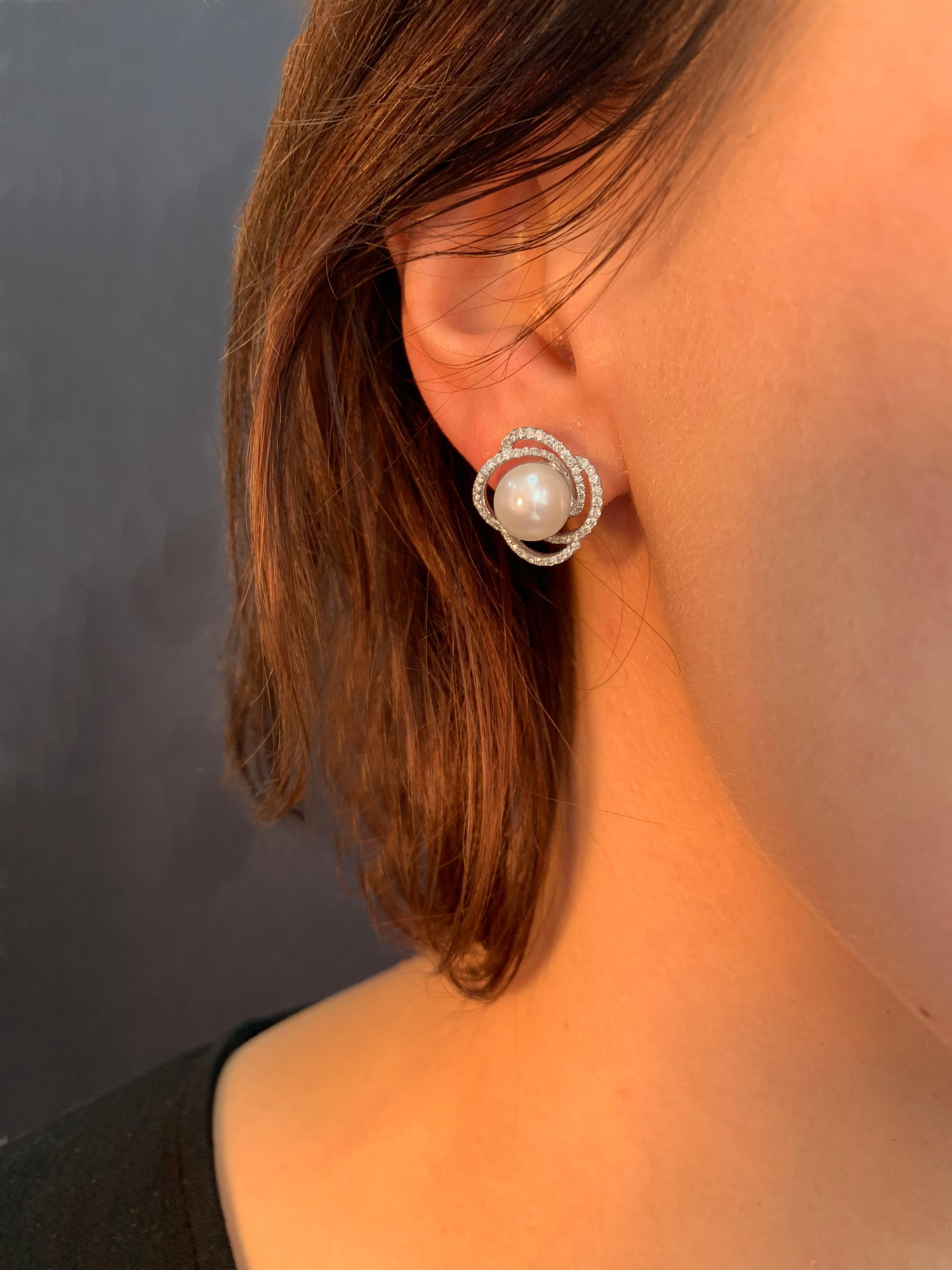 Round Cut Yoko London Freshwater Pearl and Diamond Earrings Set in 18 Karat White Gold