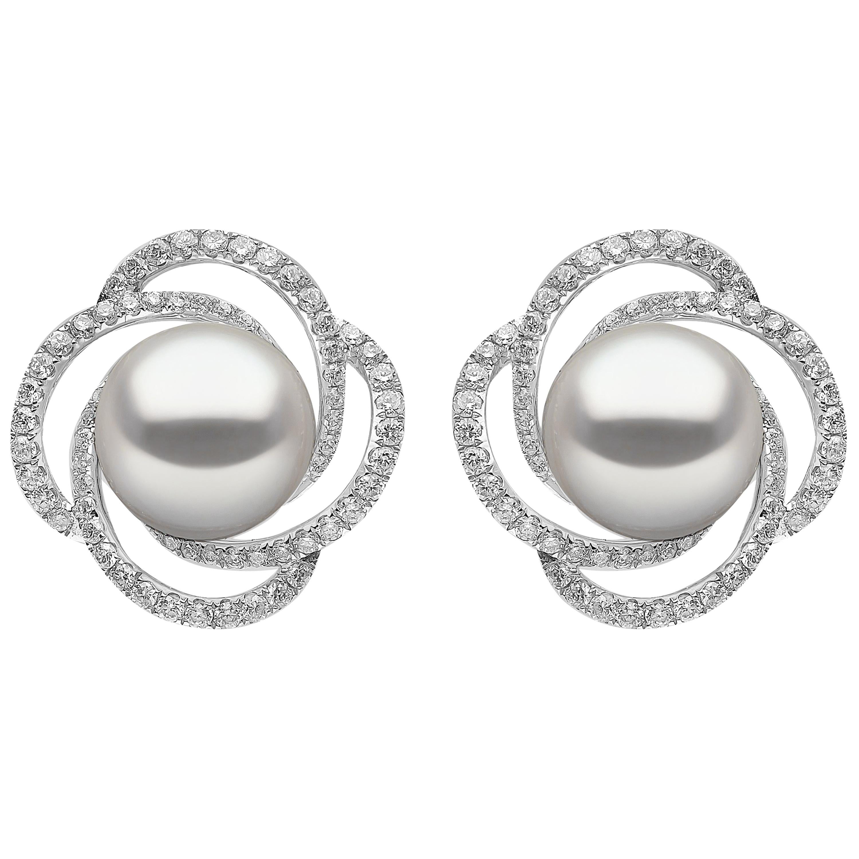 Yoko London Freshwater Pearl and Diamond Earrings Set in 18 Karat White Gold
