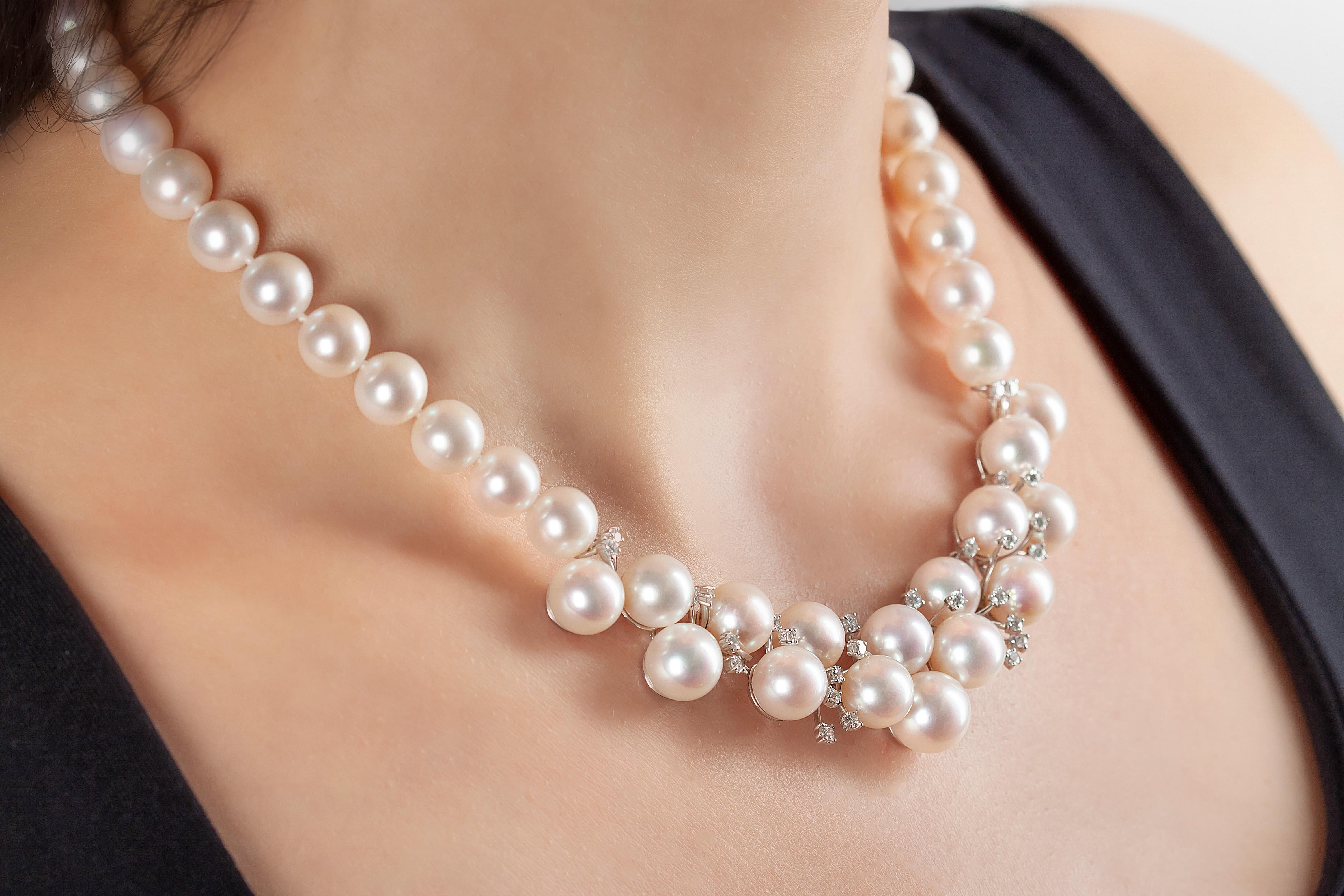 This sumptuous necklace by Yoko London offers a contemporary twist to a classic pearl strand. A row of expertly matched Freshwater pearls culminates in an elegant scattering of pearls and diamonds. Designed and hand-crafted in our London atelier,