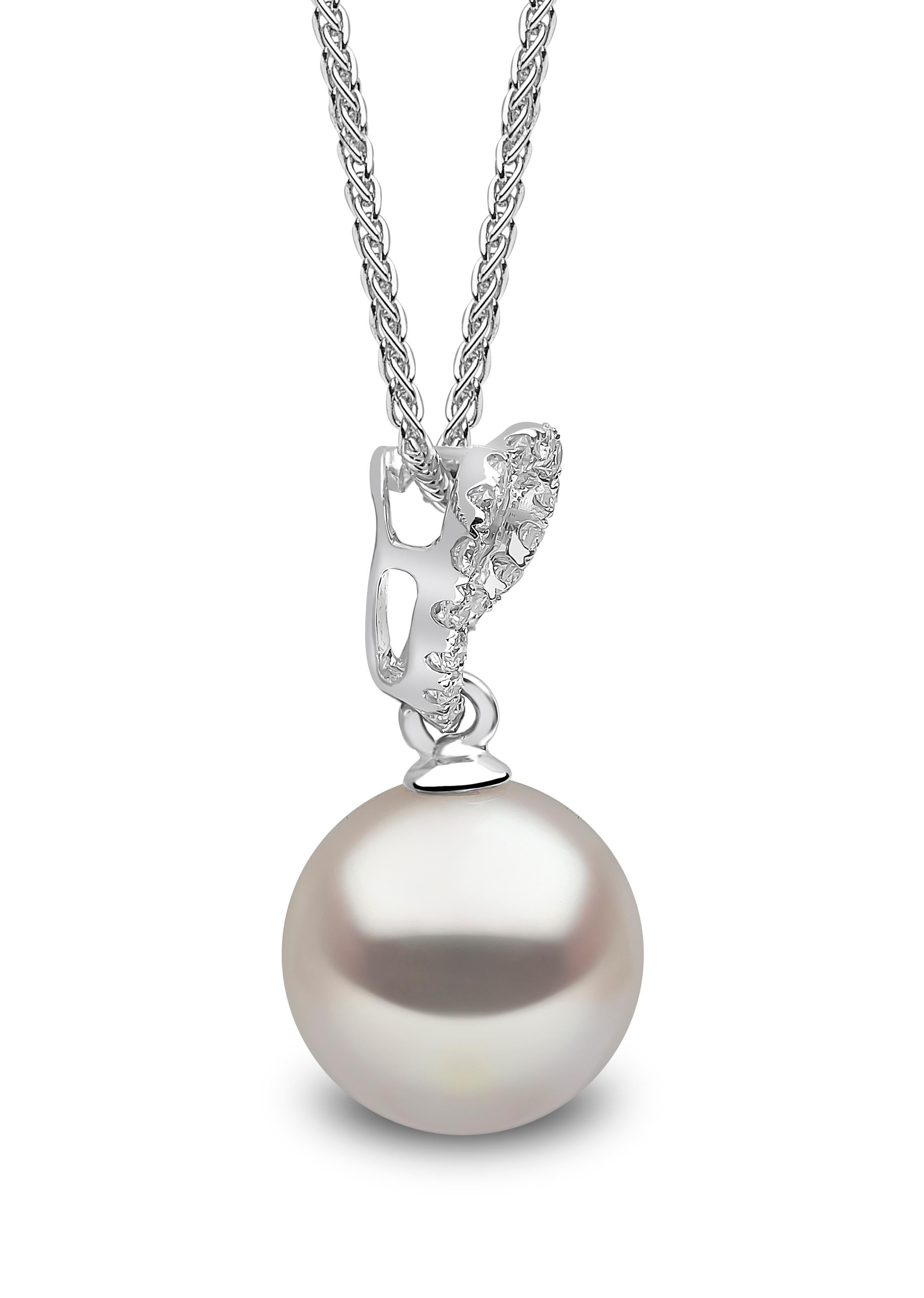This sweet pendant by Yoko London features a lustrous freshwater pearl beneath a diamond heart-motif. Set in 18 Karat white gold to enhance the lustre of the pearl and the sparkle of the diamonds. This beautiful pendant would make a romantic and